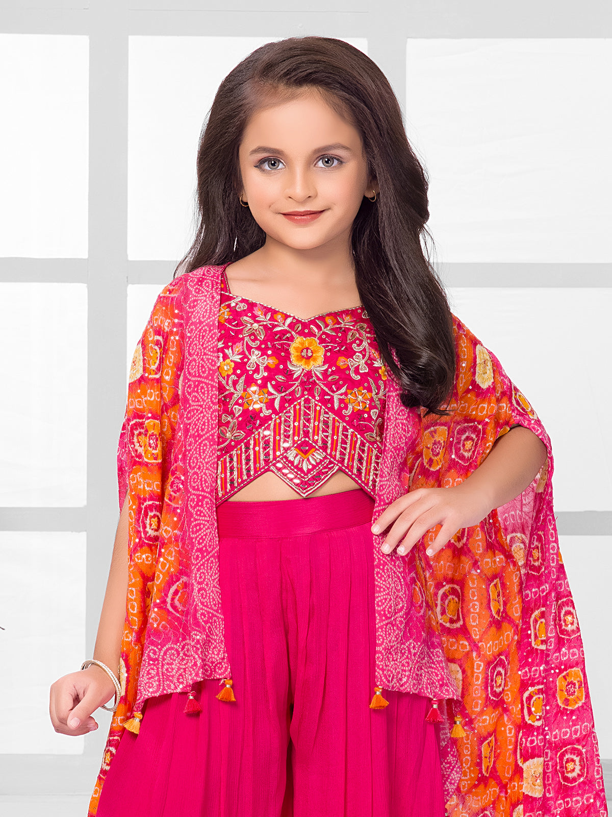 Pink printed girls festive palazzo suit