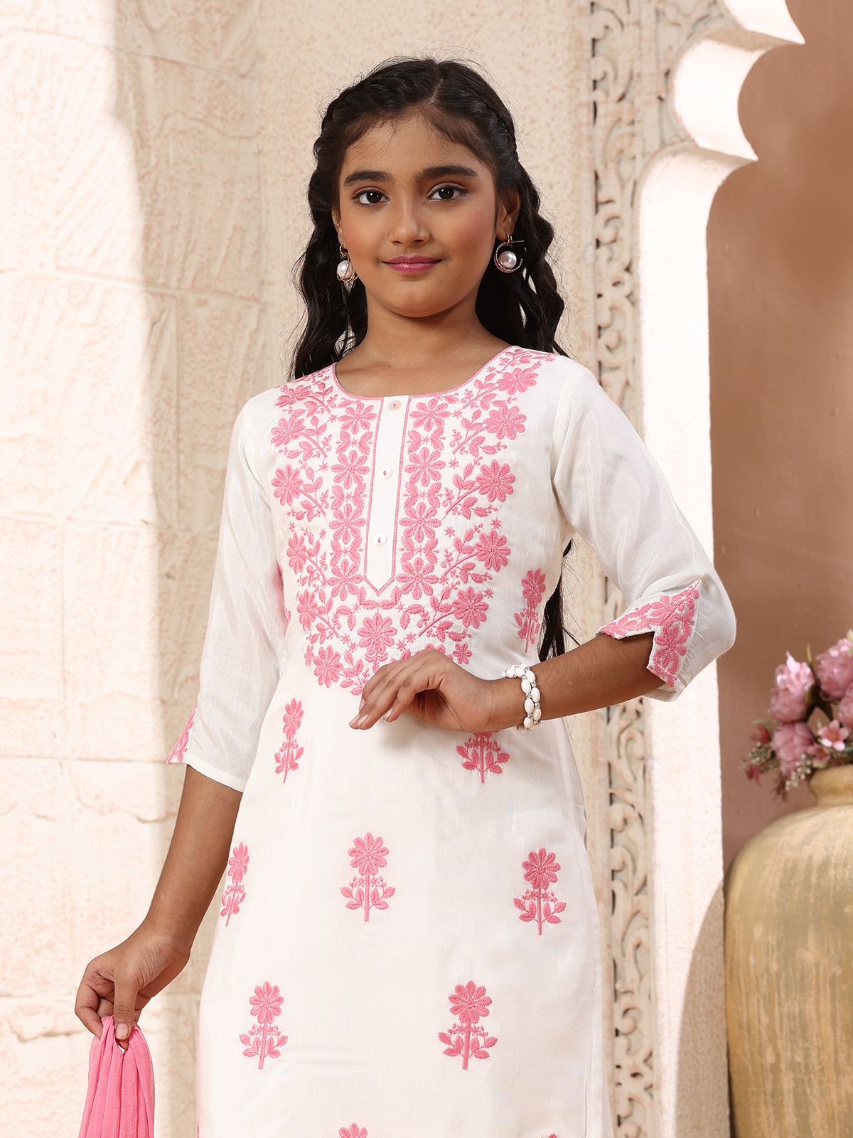 White chikankari girls pant suit