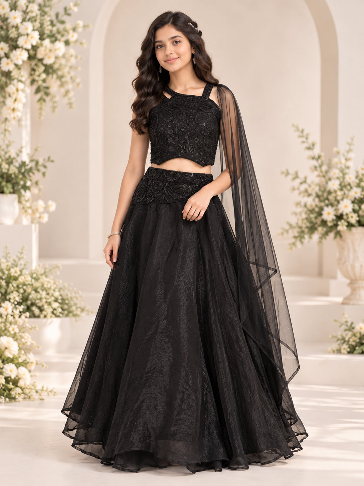 Black organza girls lehenga choli