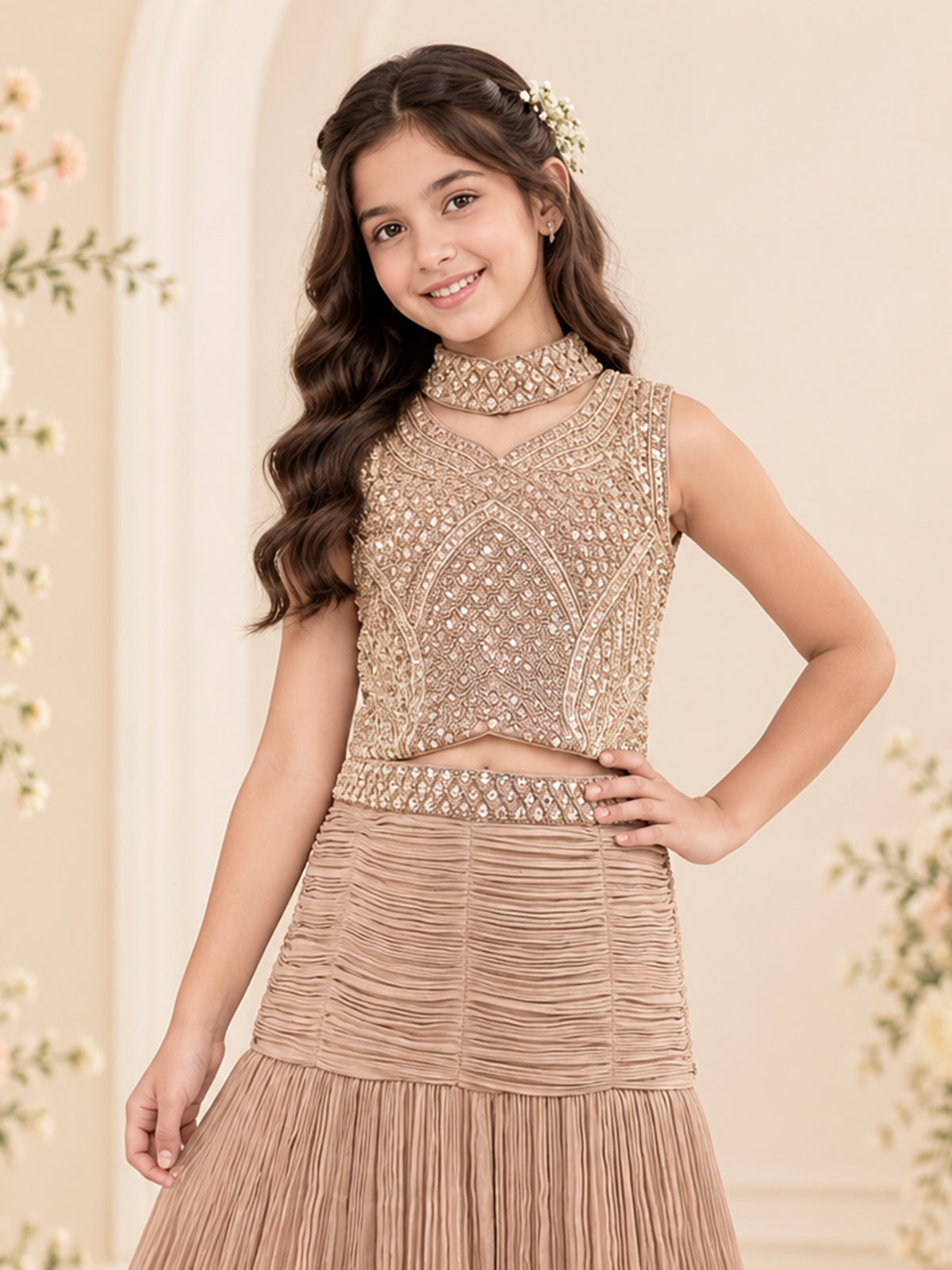 Beige pleated girls lehenga choli