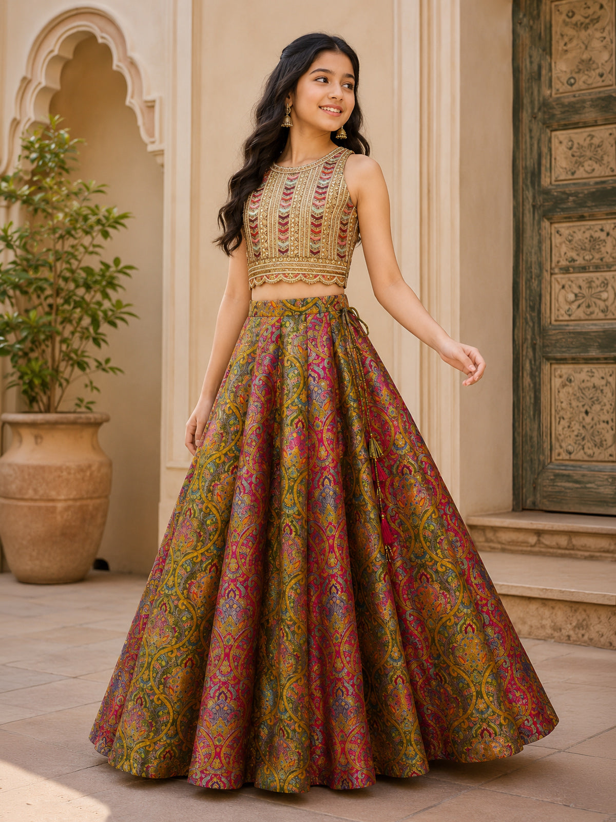 Multicolour heritage girls lehenga choli