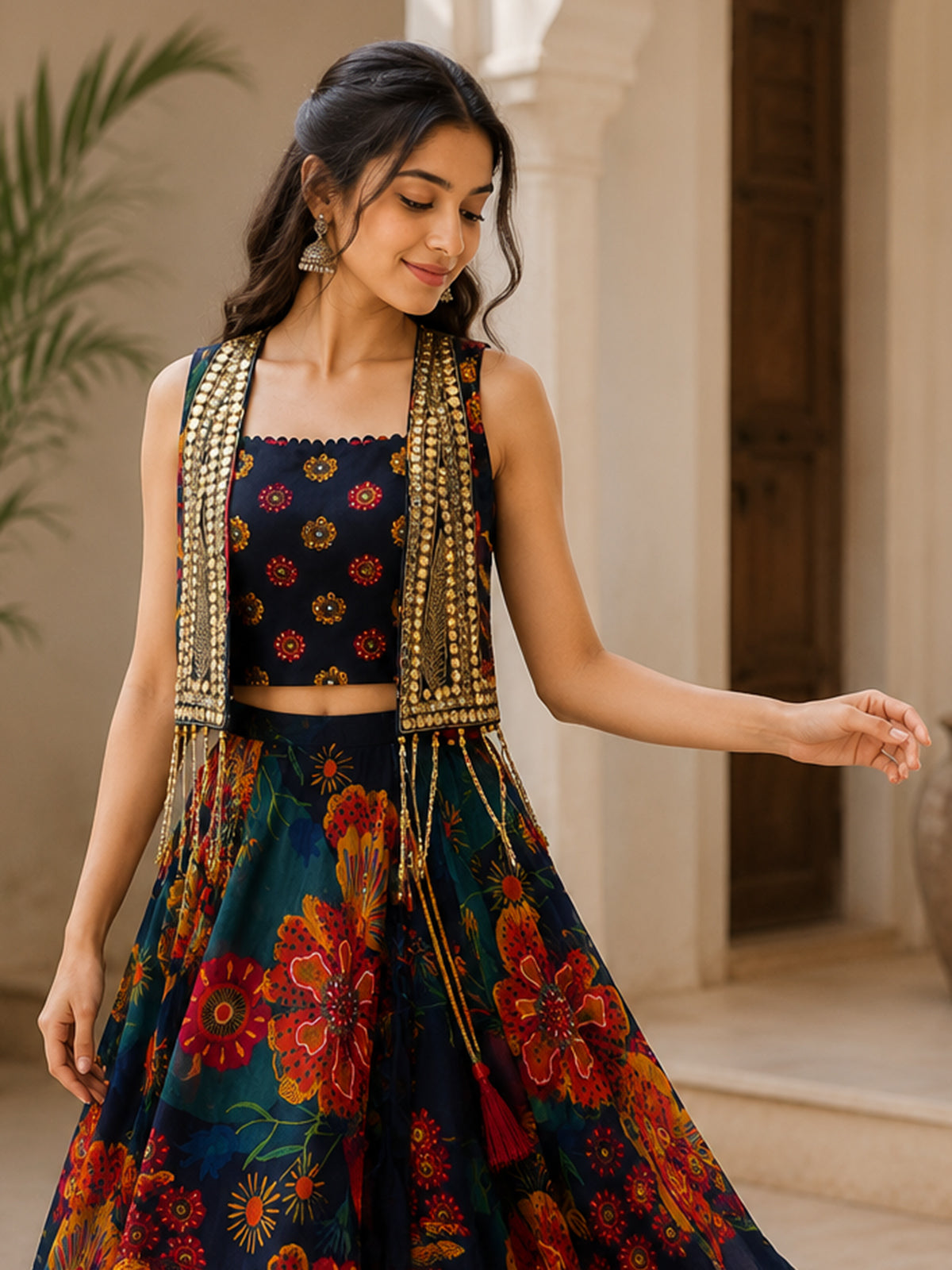 Teal blue printed girls lehenga choli