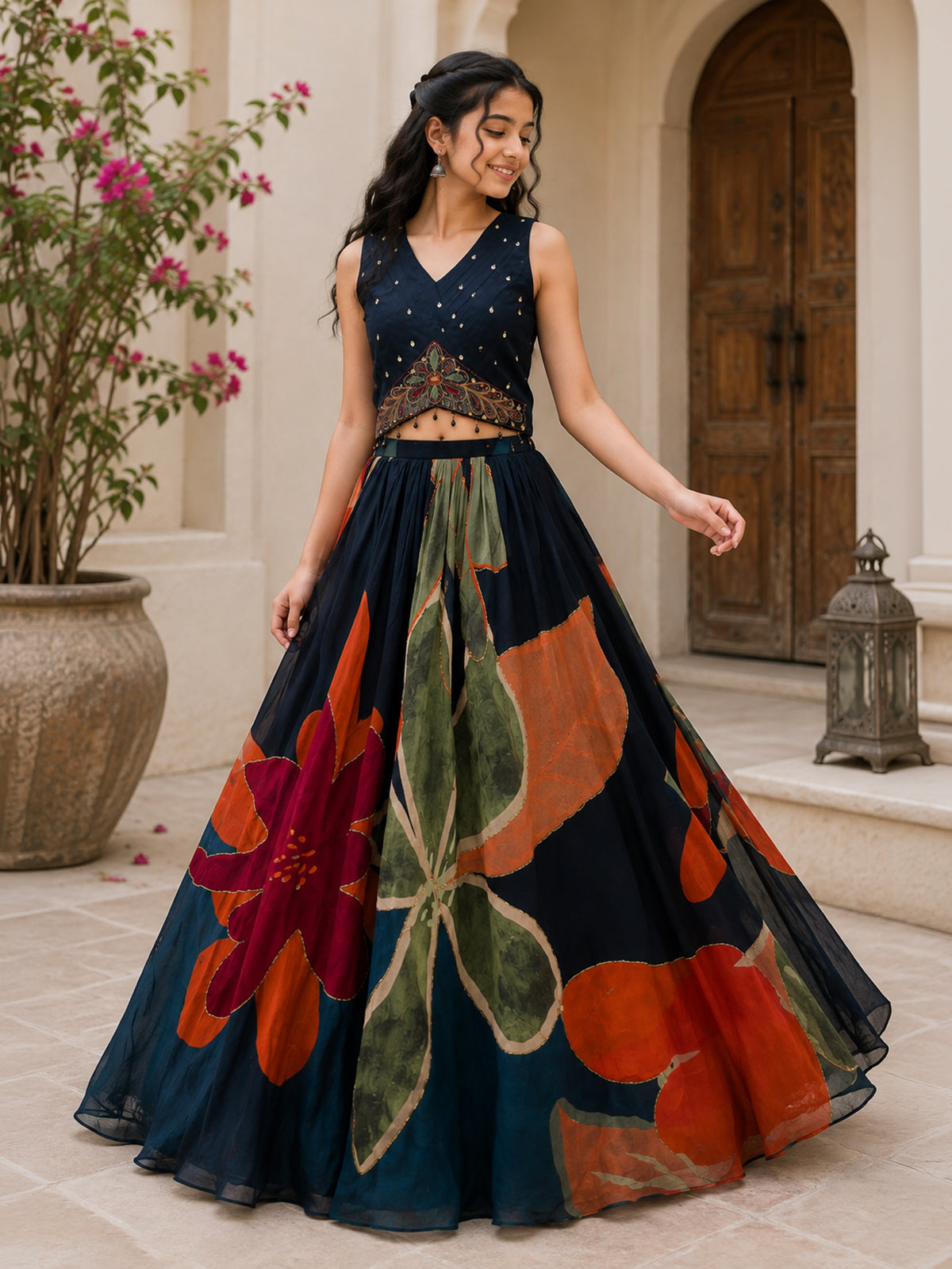 Navy blue floral girls lehenga choli