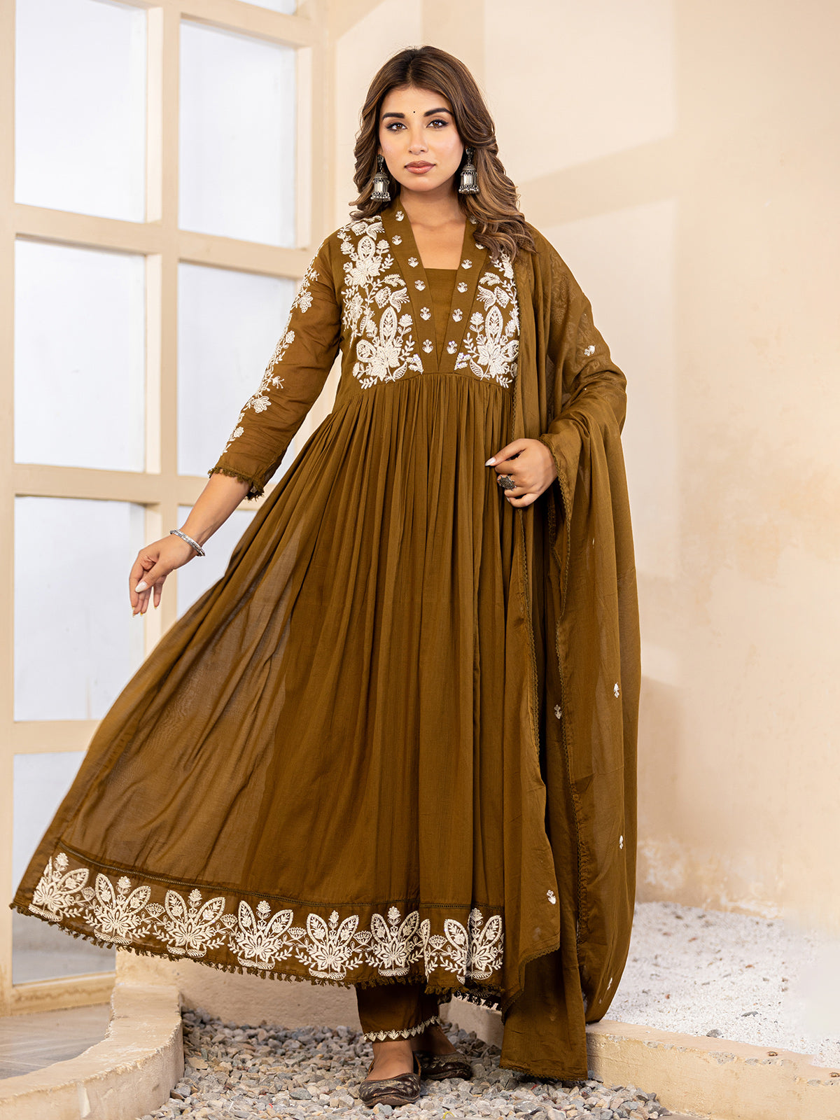 Mehendi olive floral anarkali women kurti set