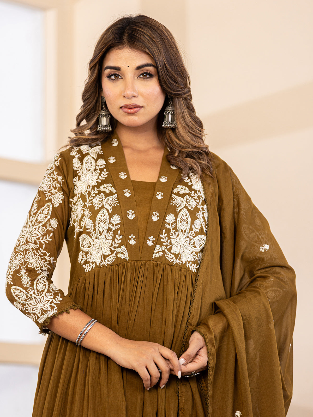 Mehendi olive floral anarkali women kurti set