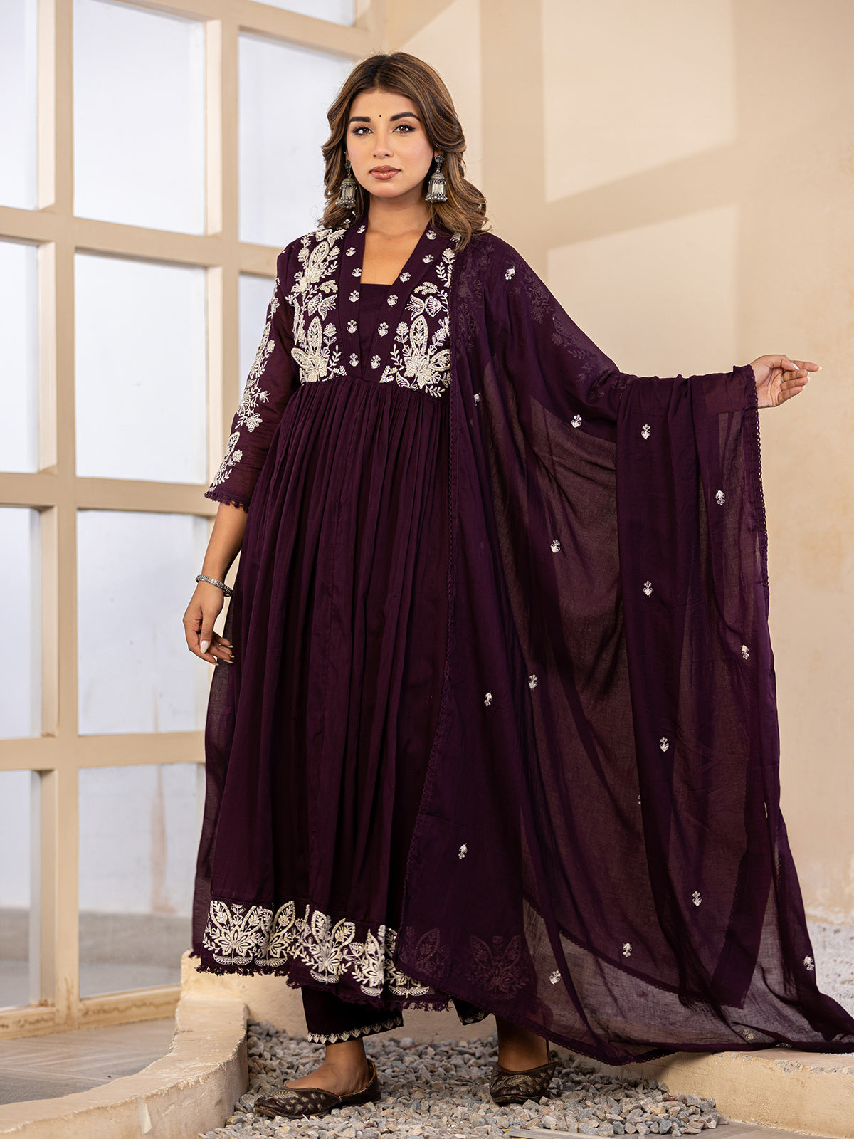 Deep purple floral anarkali women kurti set