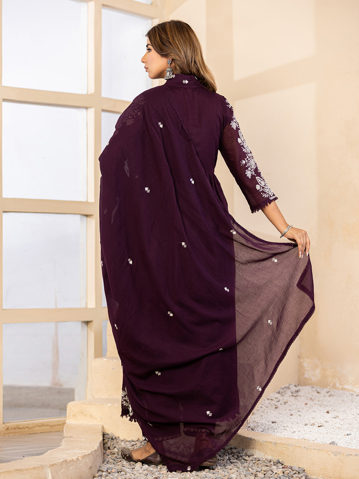 Deep purple floral anarkali women kurti set