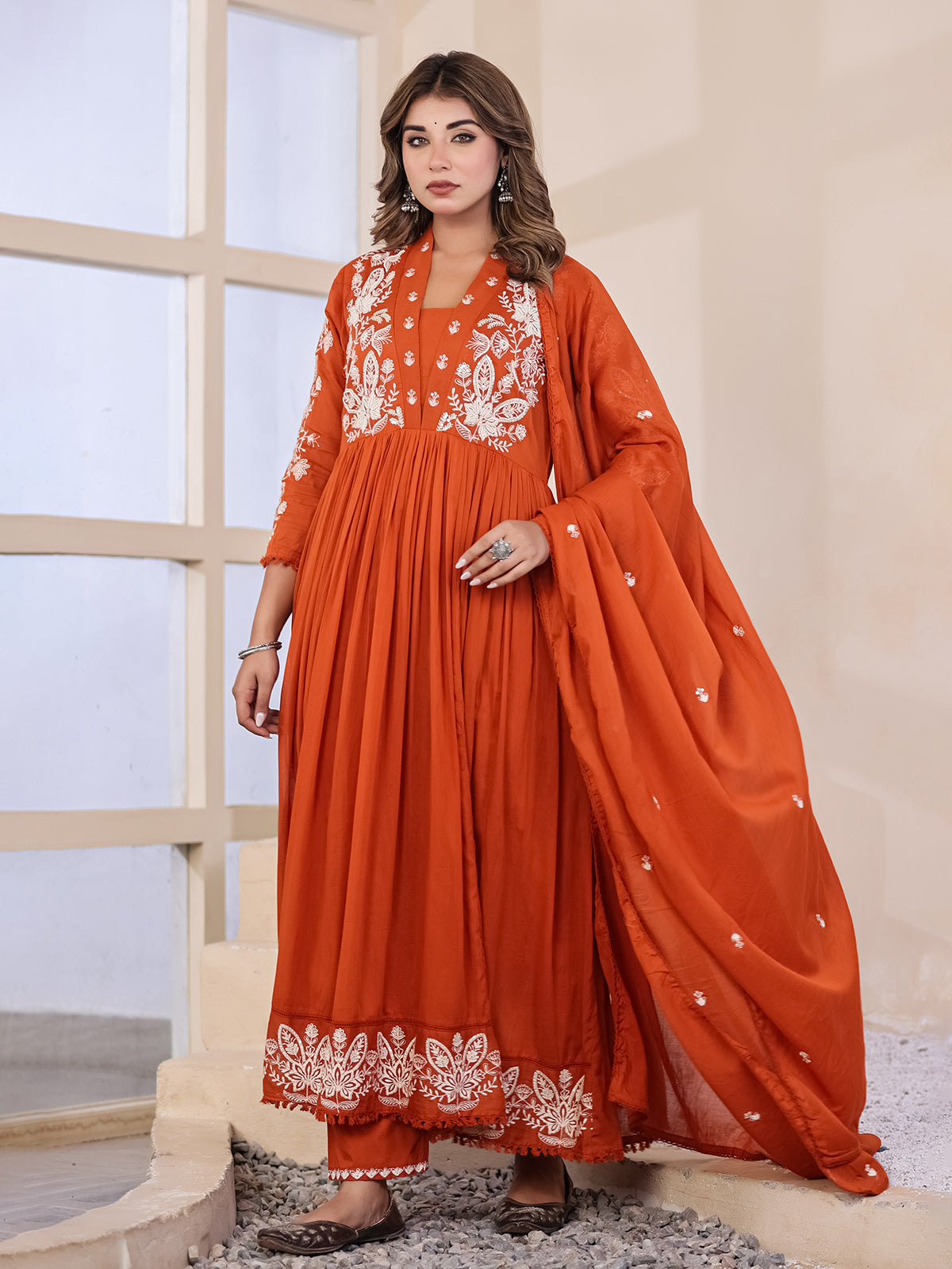 Orange floral anarkali women kurti set