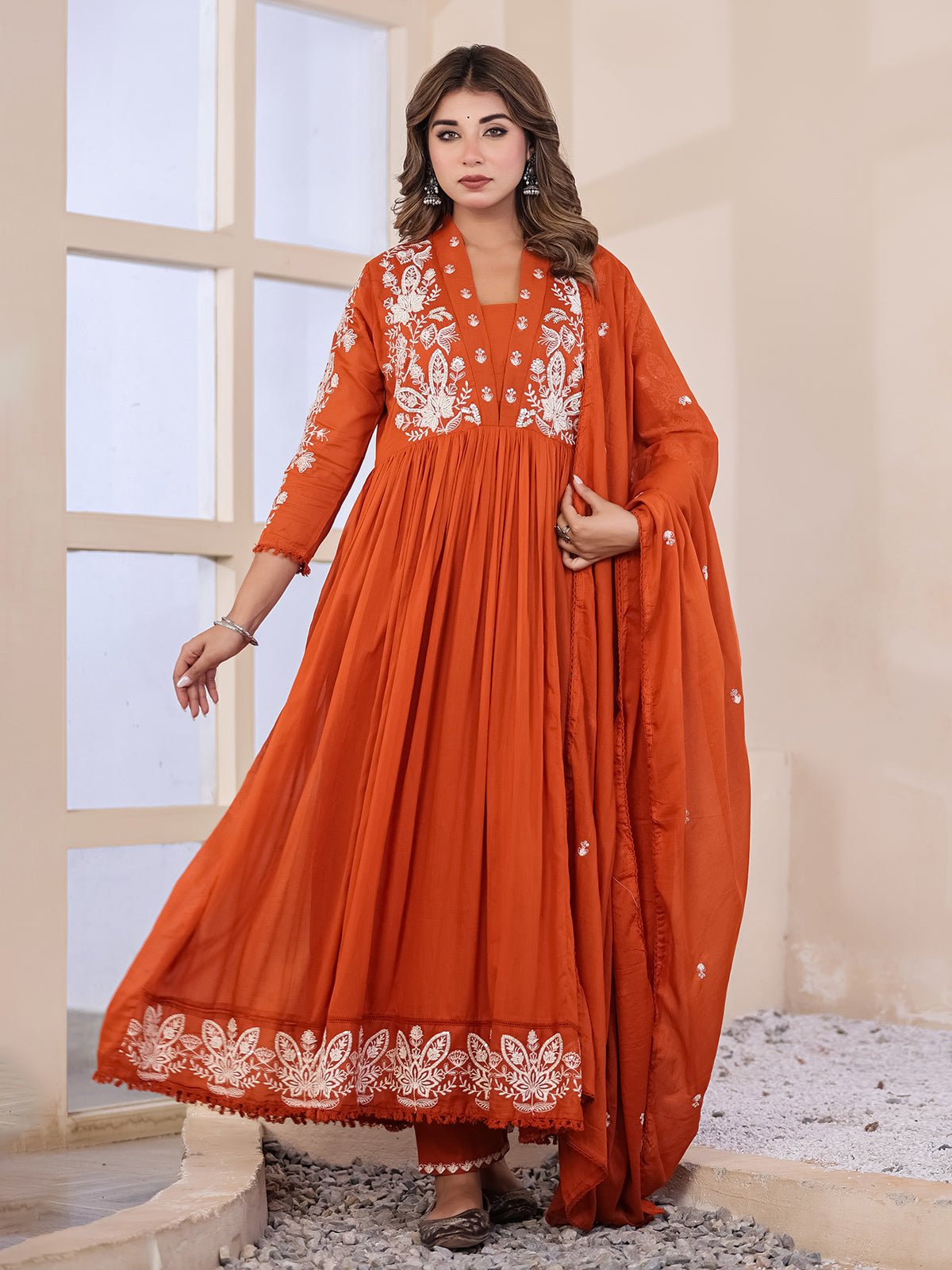 Orange floral anarkali women kurti set