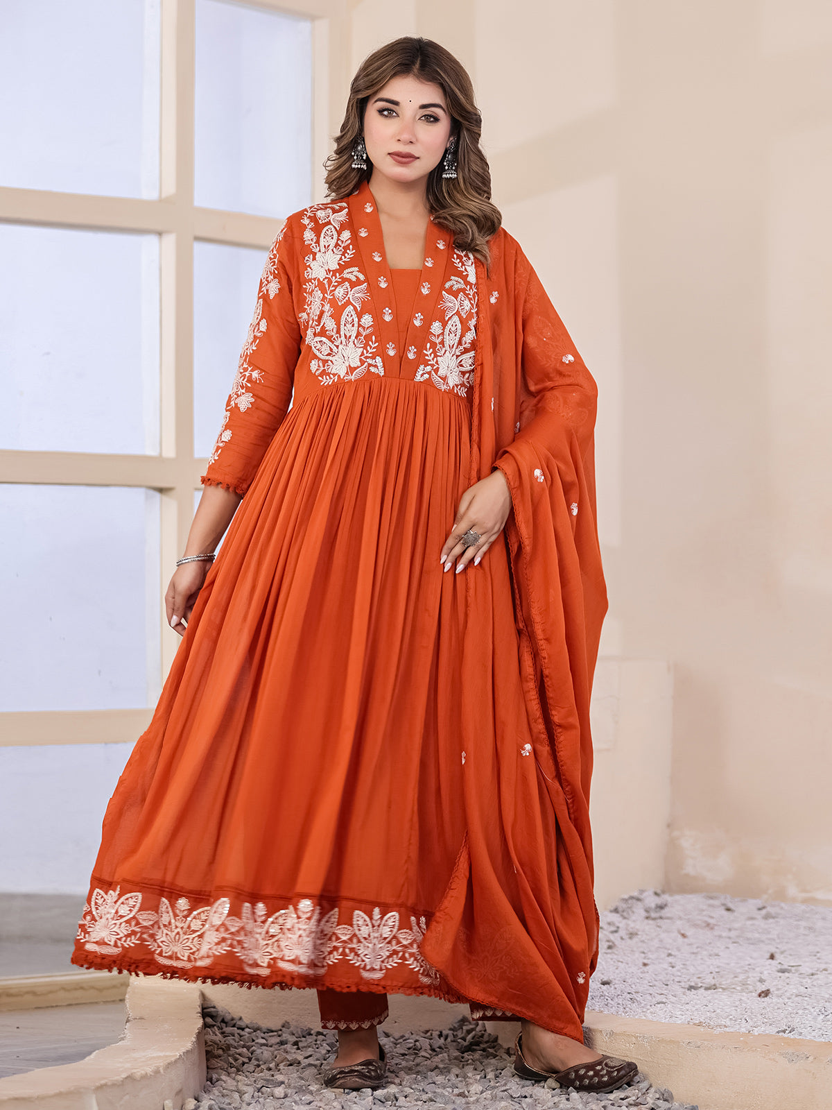 Orange floral anarkali women kurti set