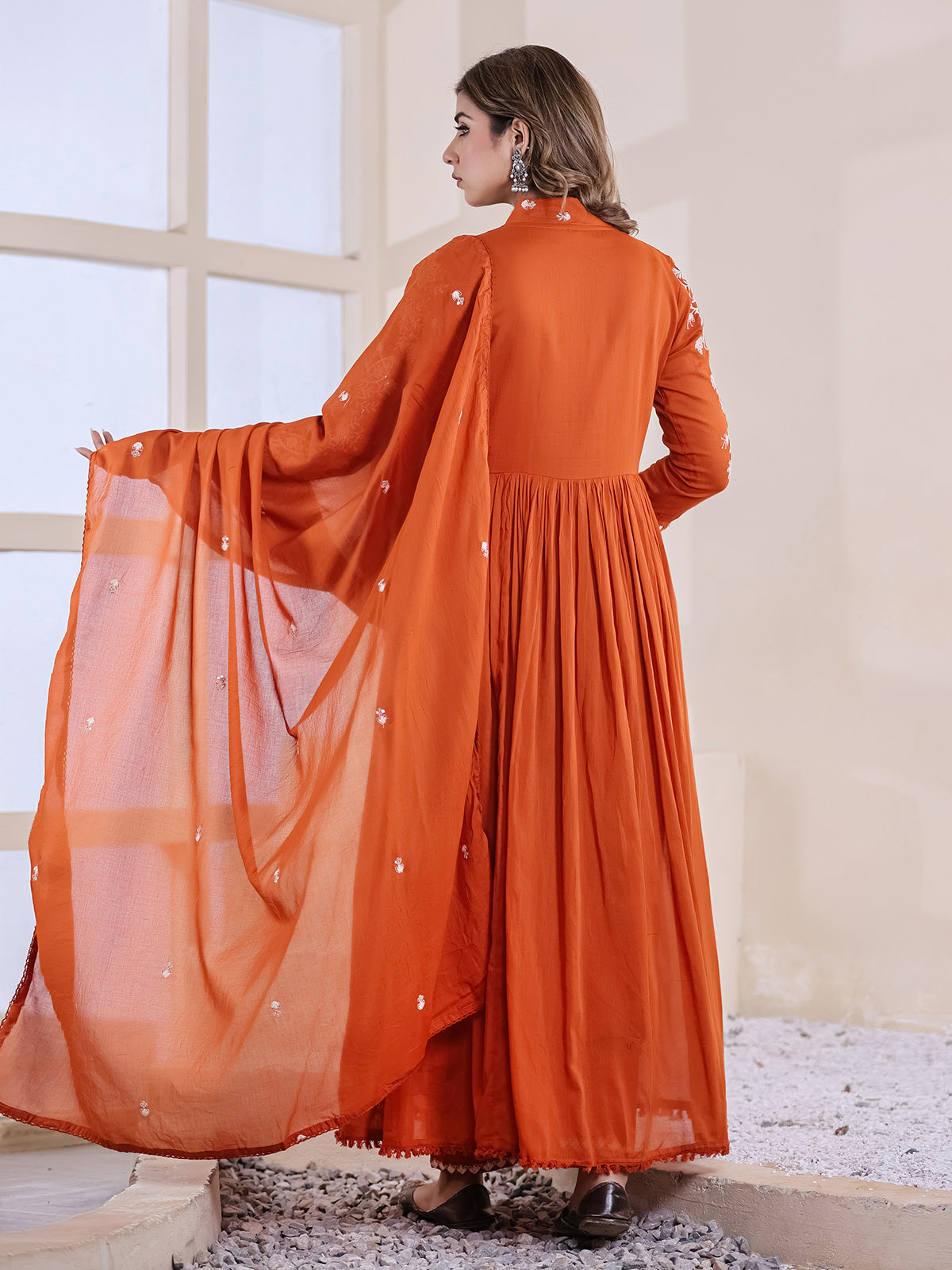 Orange floral anarkali women kurti set