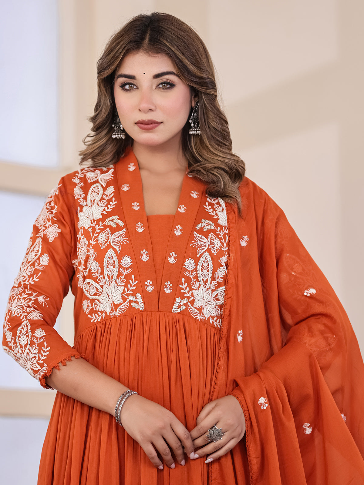 Orange floral anarkali women kurti set
