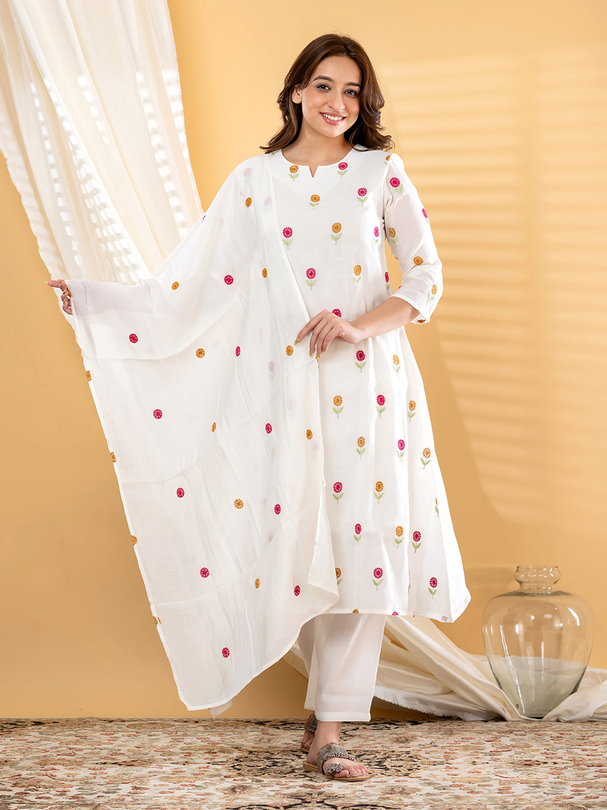 White colourful floral women kurti set