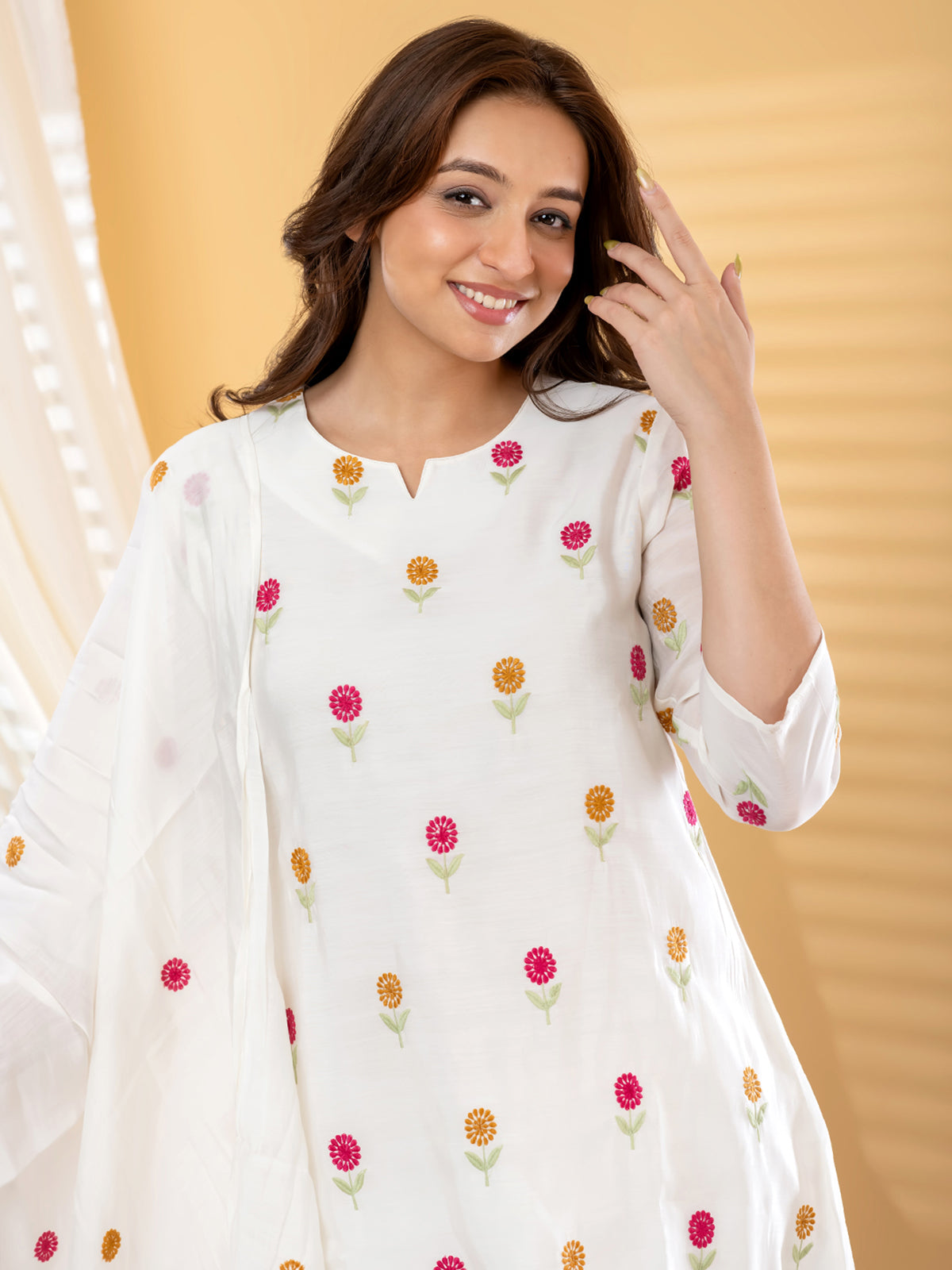 White colourful floral women kurti set