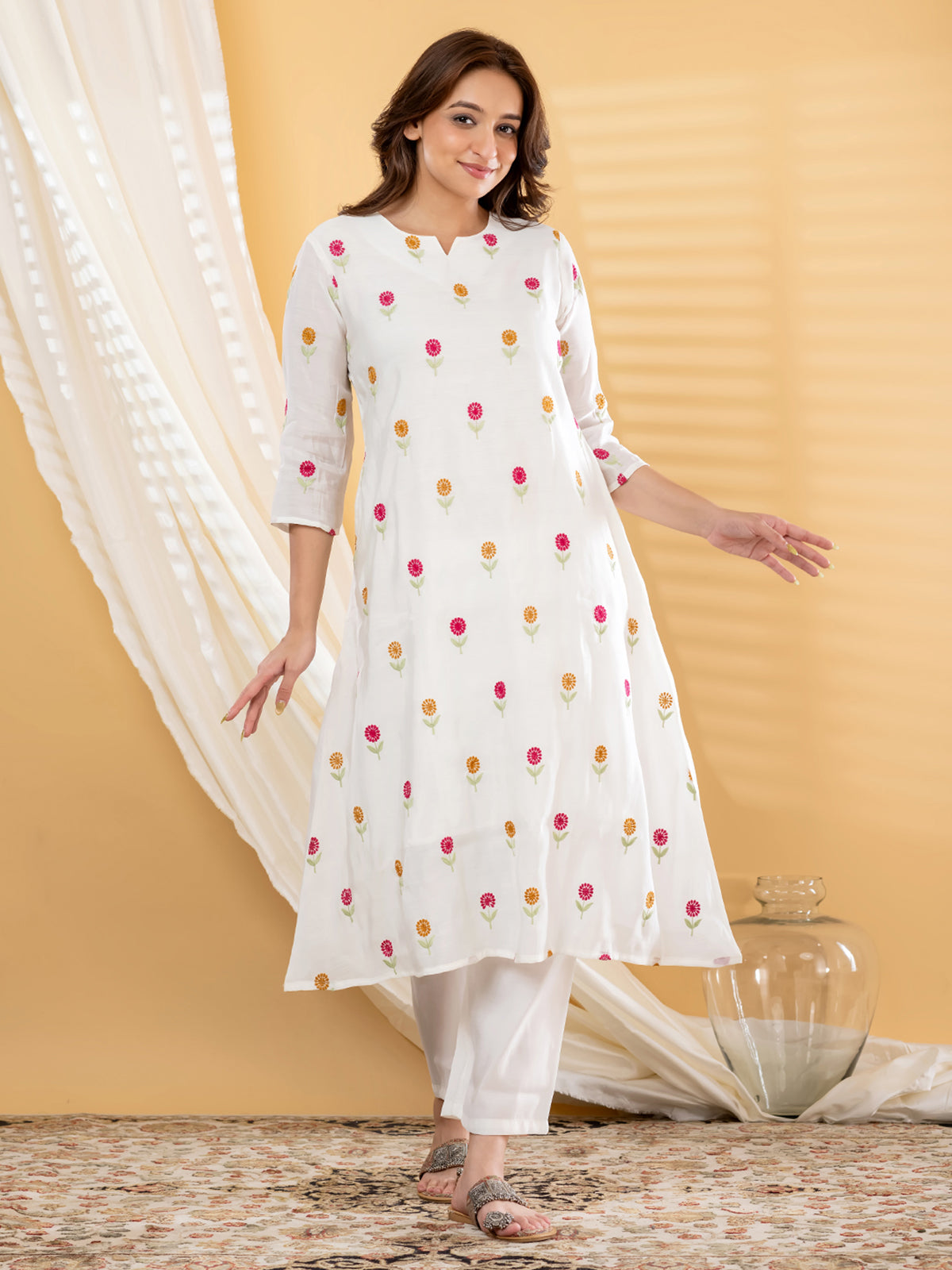 White colourful floral women kurti set