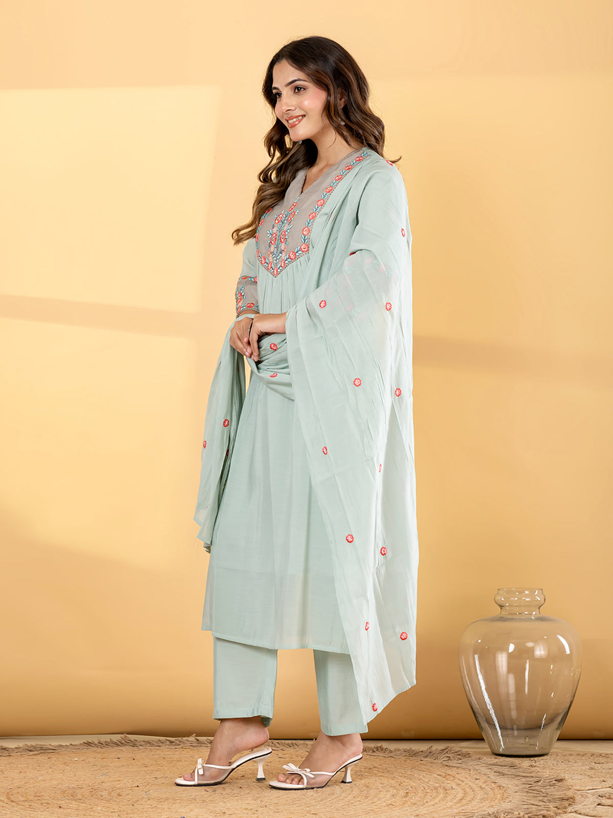 Mint blue floral straight cut women kurti set