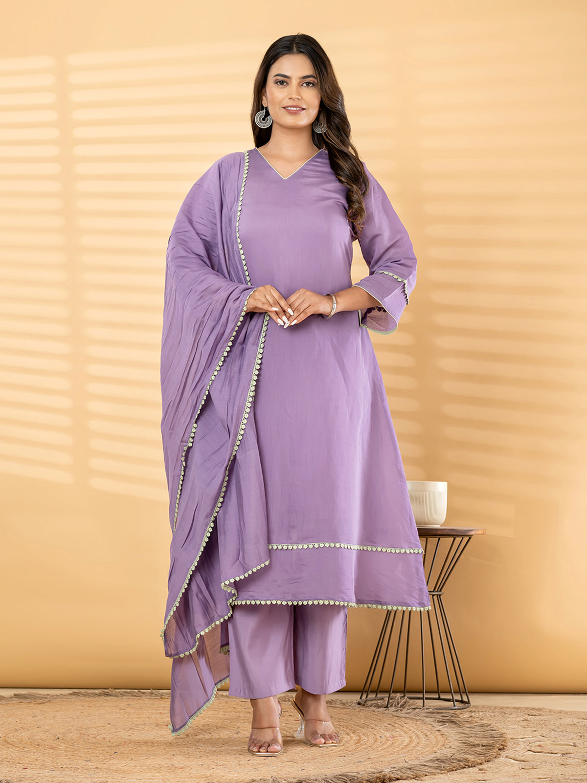 Lavender pom lace women kurti set