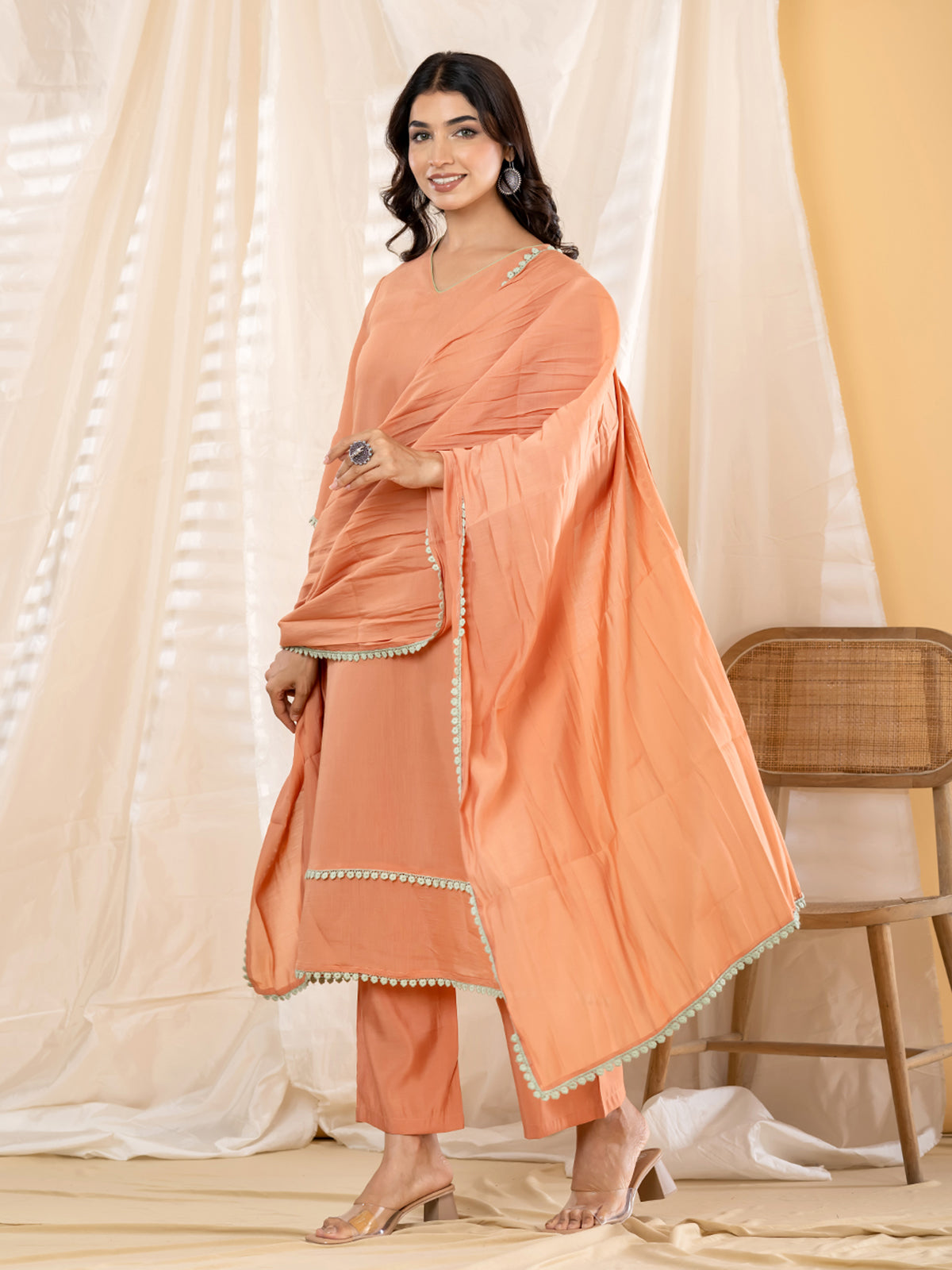 Peach lace border women kurti set