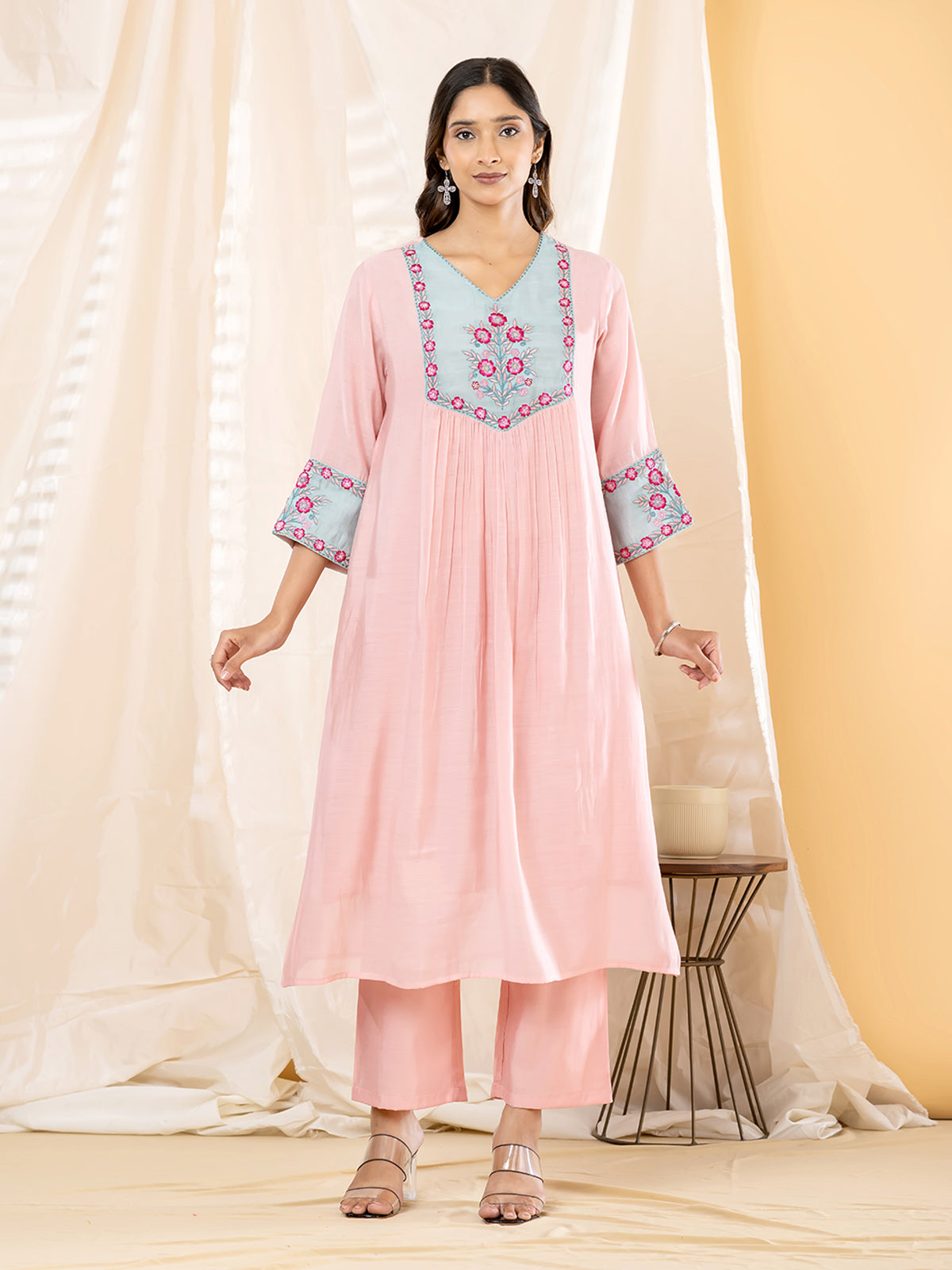 Pink floral yoke anarkali women kurti set
