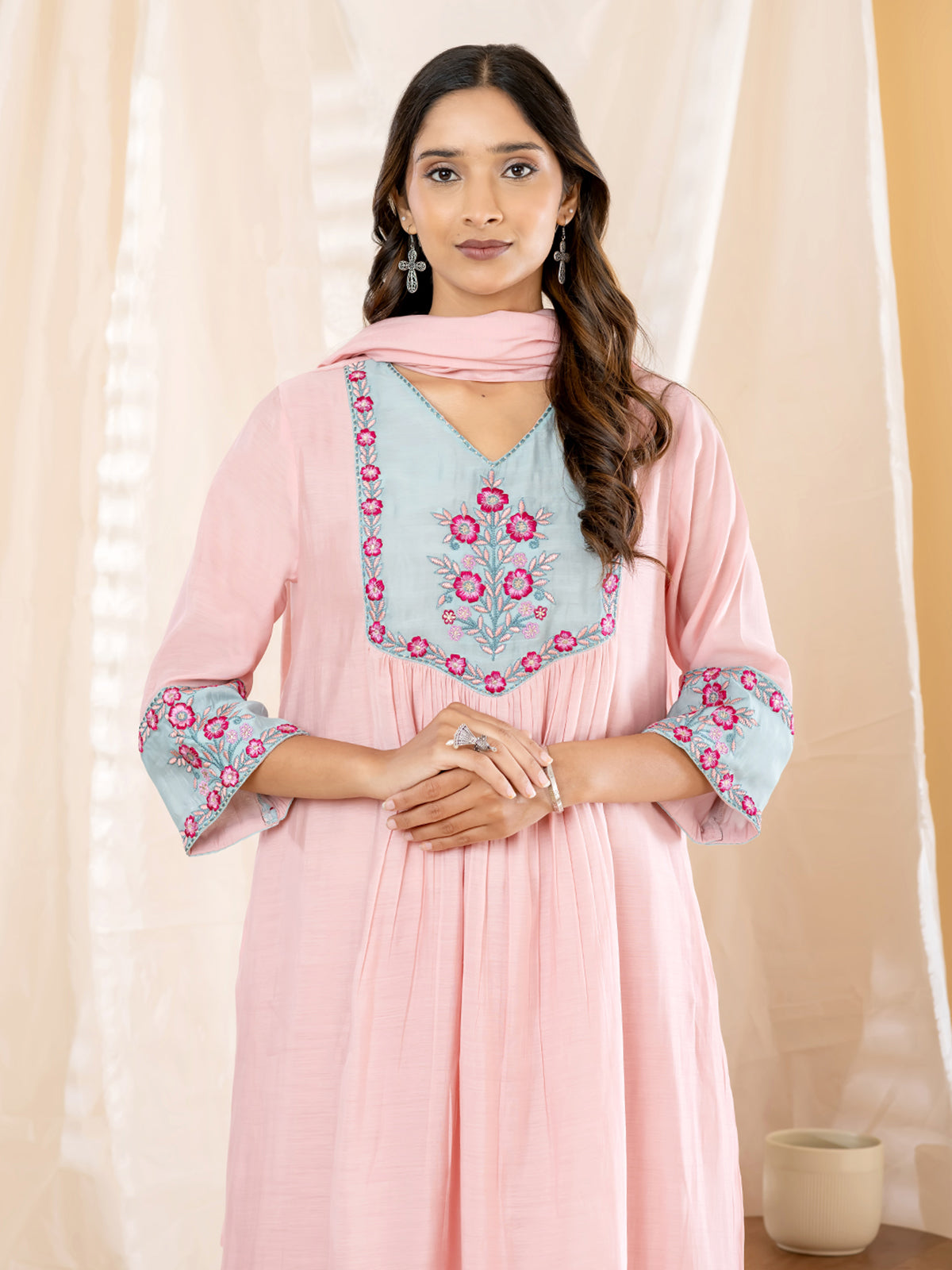 Pink floral yoke anarkali women kurti set