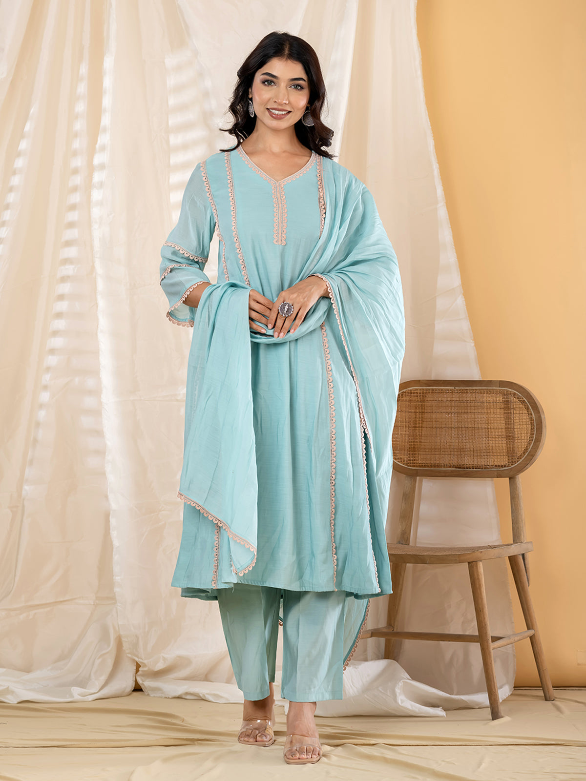 Mint blue lace panel anarkali women kurti set