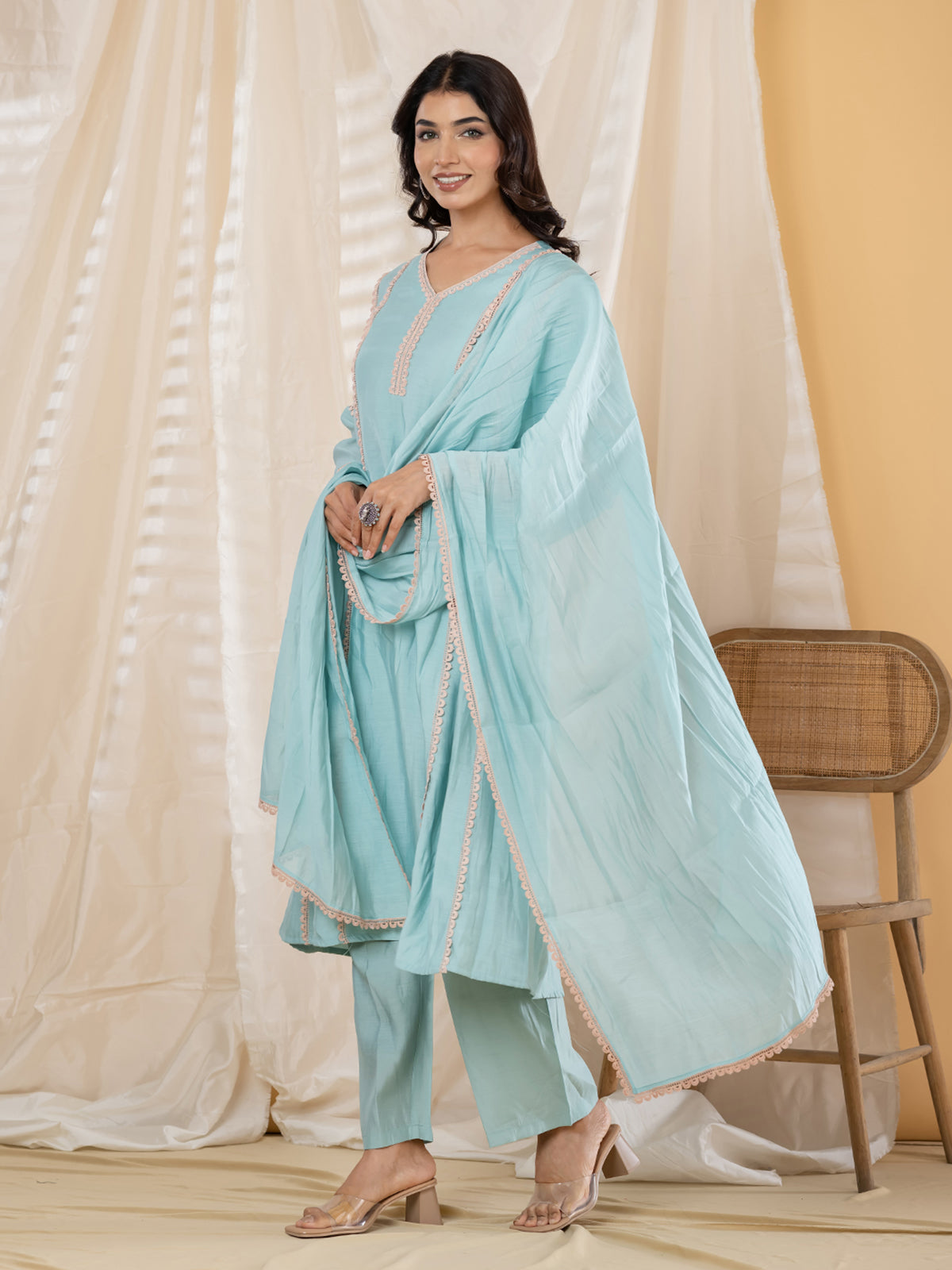 Mint blue lace panel anarkali women kurti set
