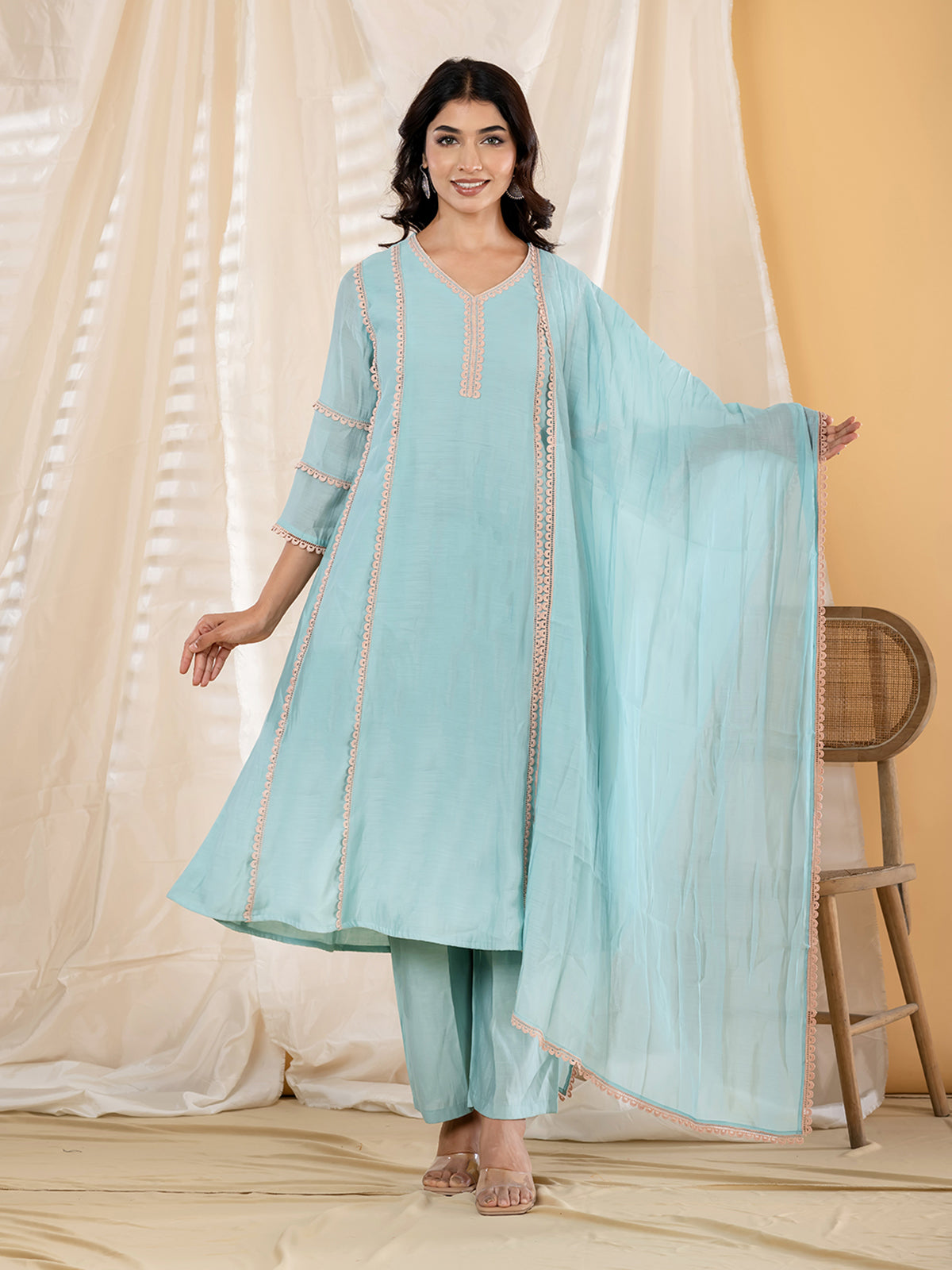 Mint blue lace panel anarkali women kurti set