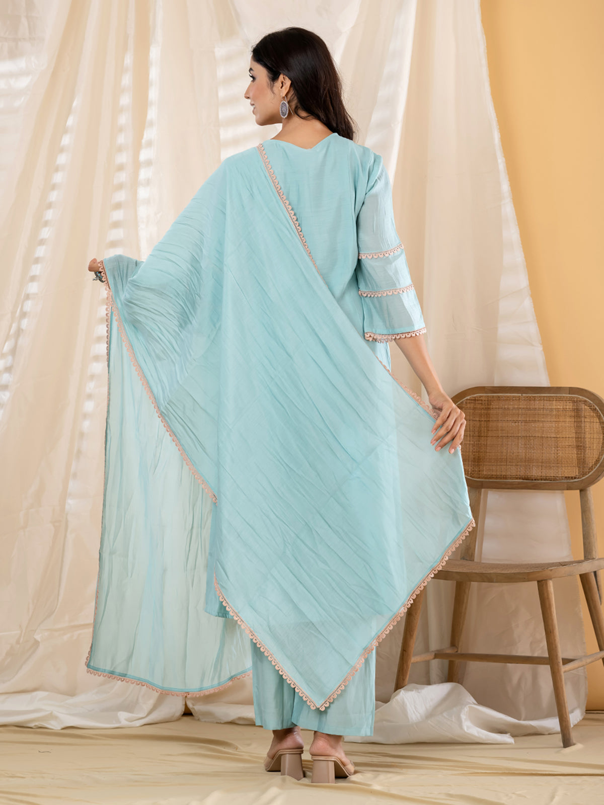 Mint blue lace panel anarkali women kurti set