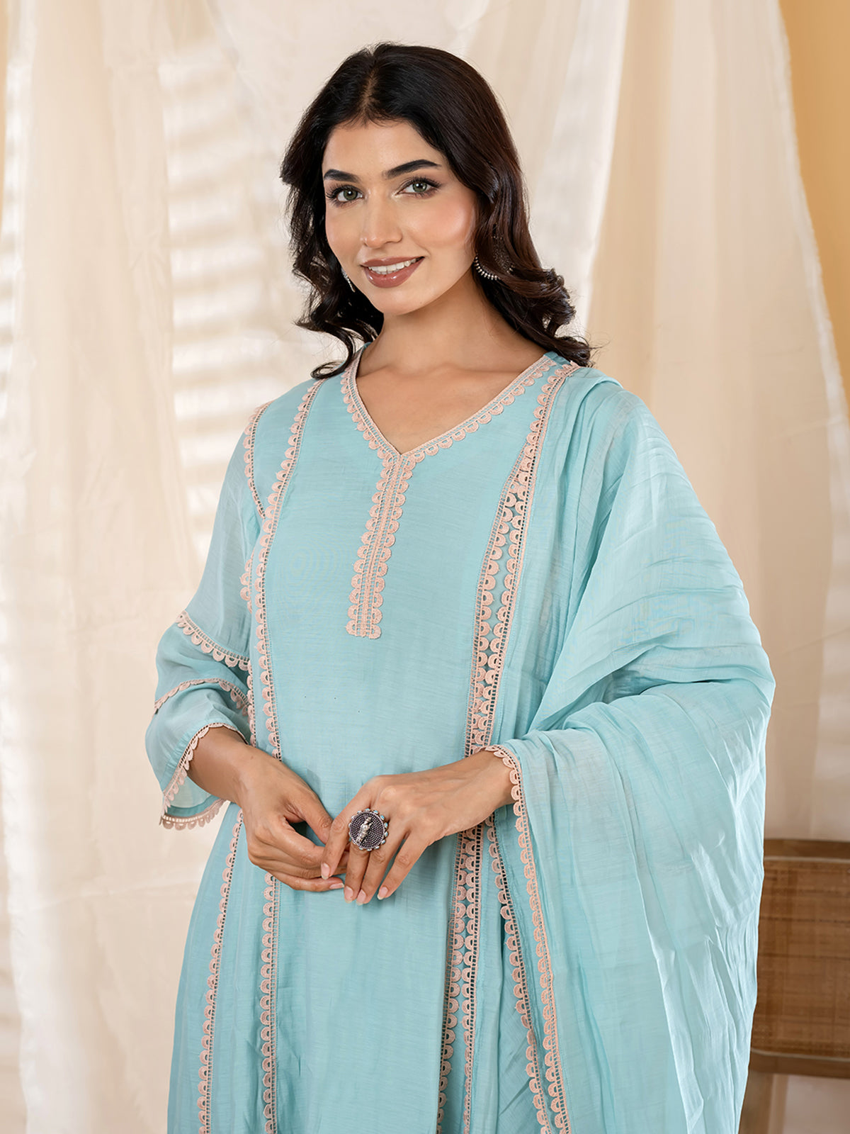 Mint blue lace panel anarkali women kurti set