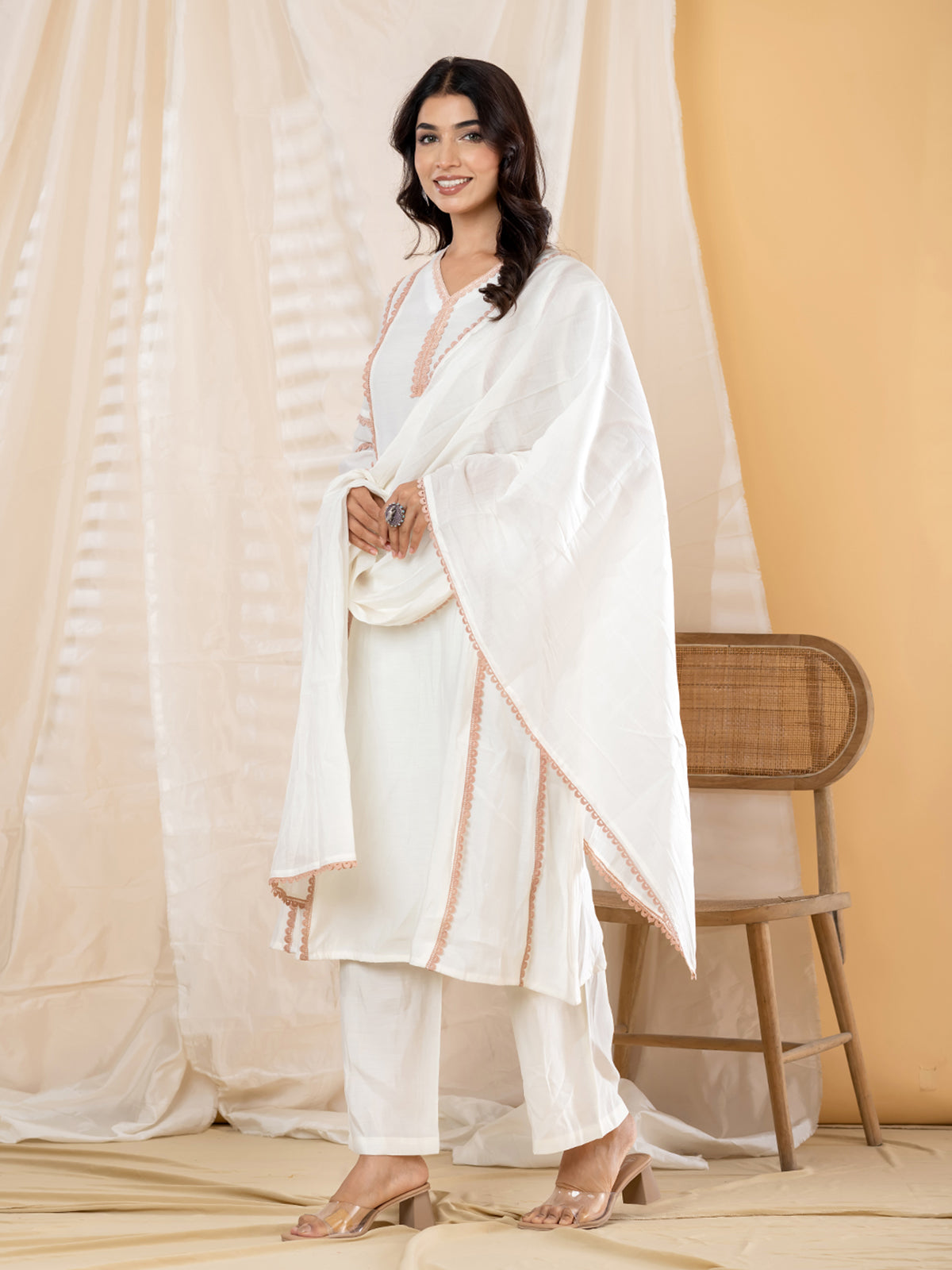 White lace panel anarkali women kurti set