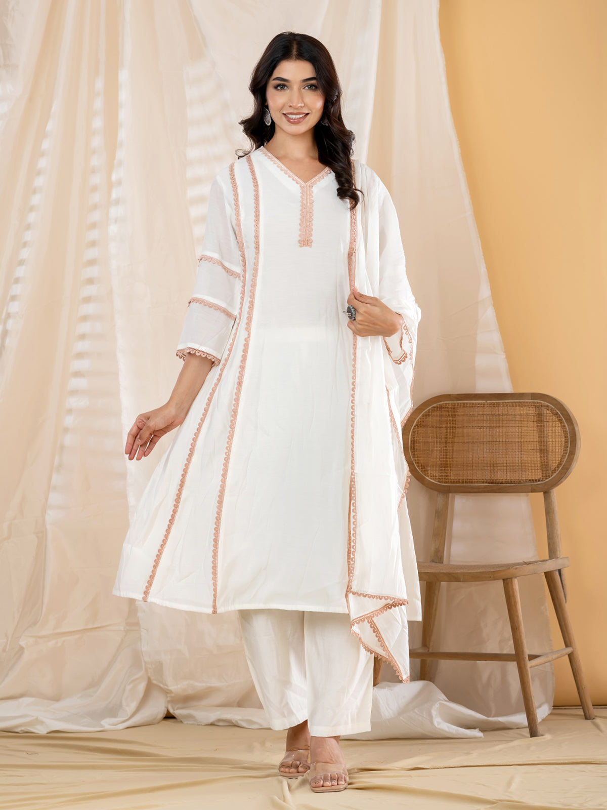 White lace panel anarkali women kurti set