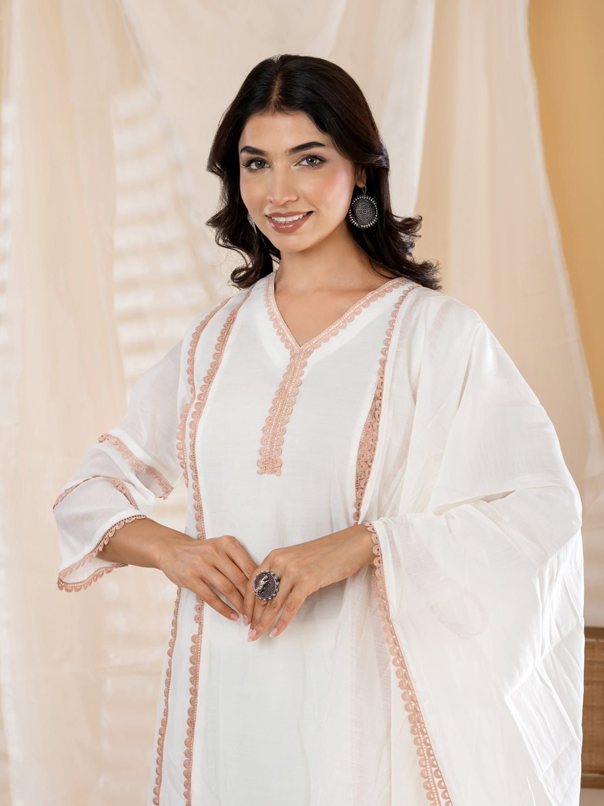White lace panel anarkali women kurti set