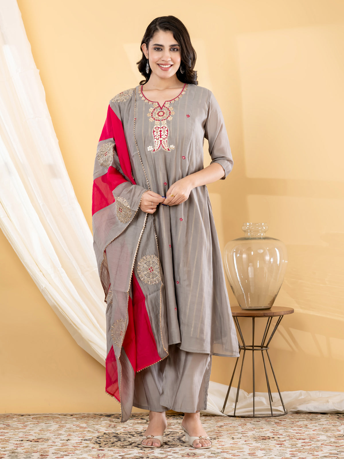 Grey zari anarkali women kurti set
