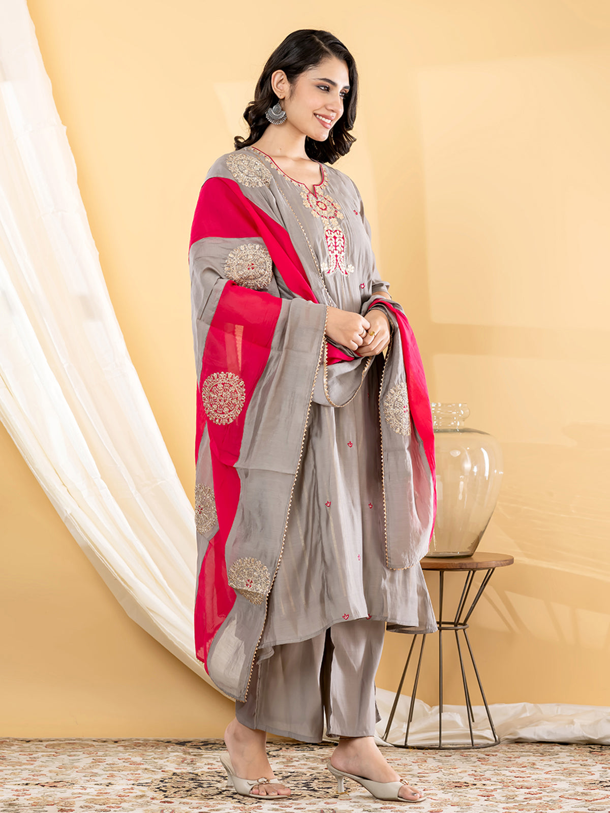 Grey zari anarkali women kurti set