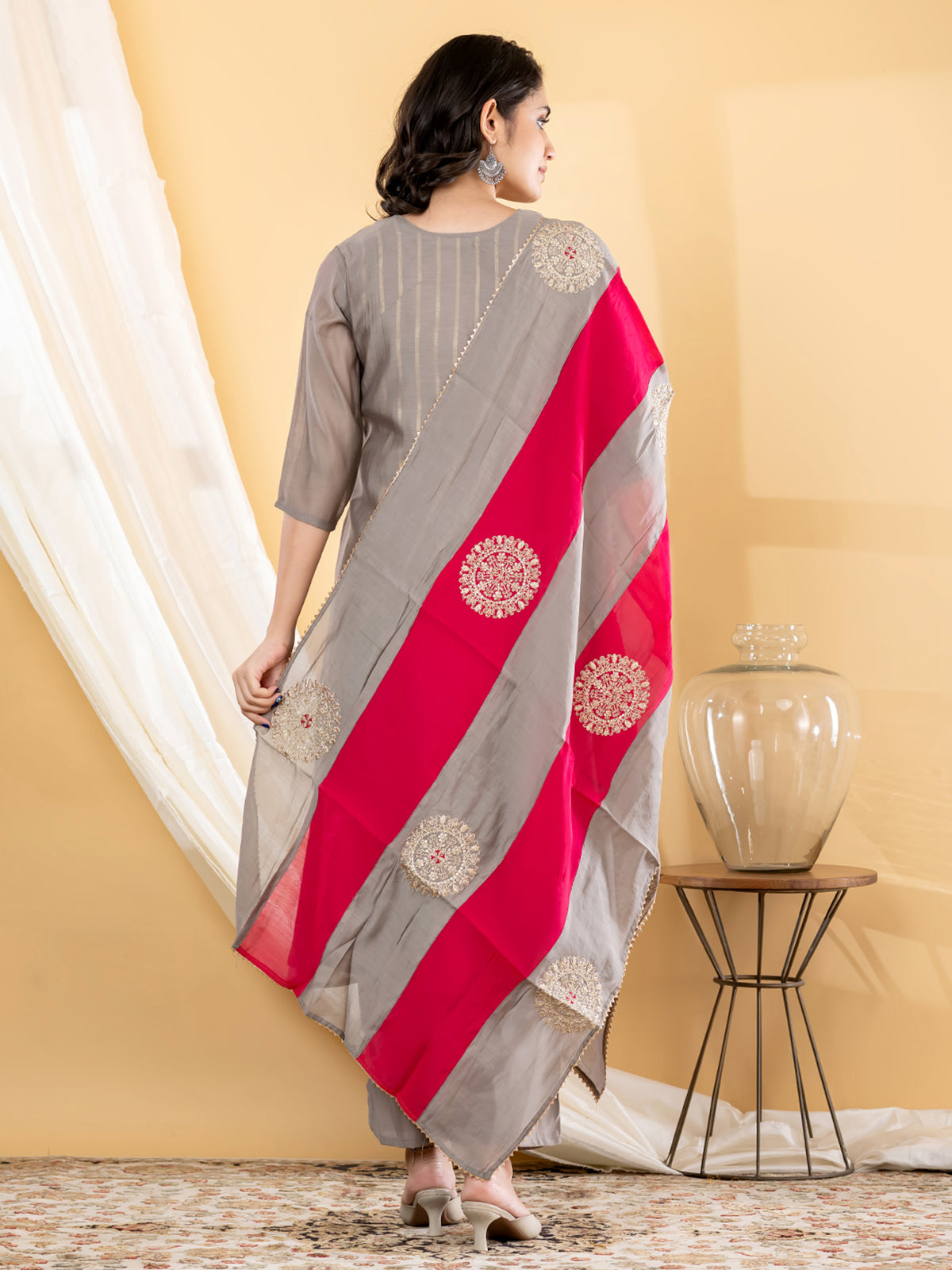Grey zari anarkali women kurti set