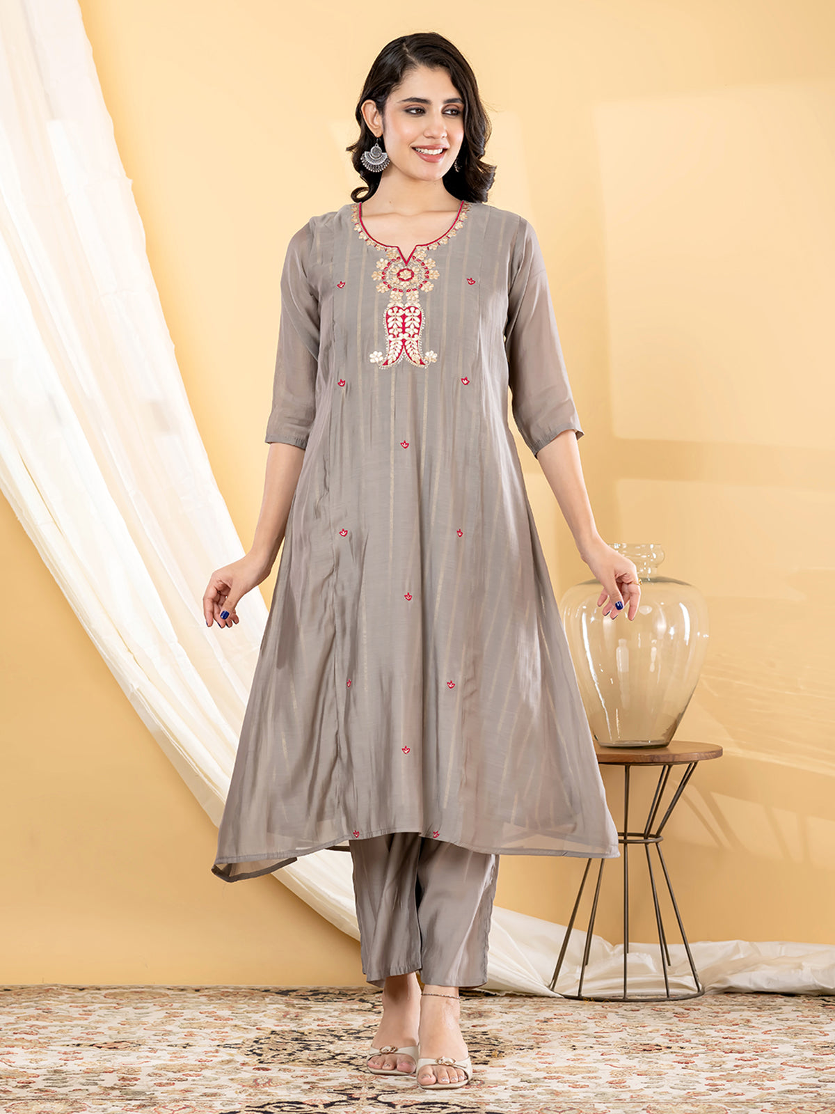 Grey zari anarkali women kurti set