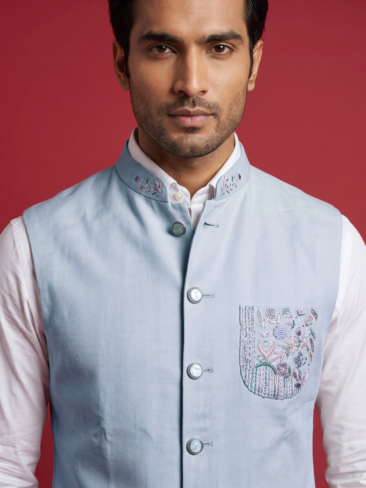 Light sky blue artistic mens waistcoat