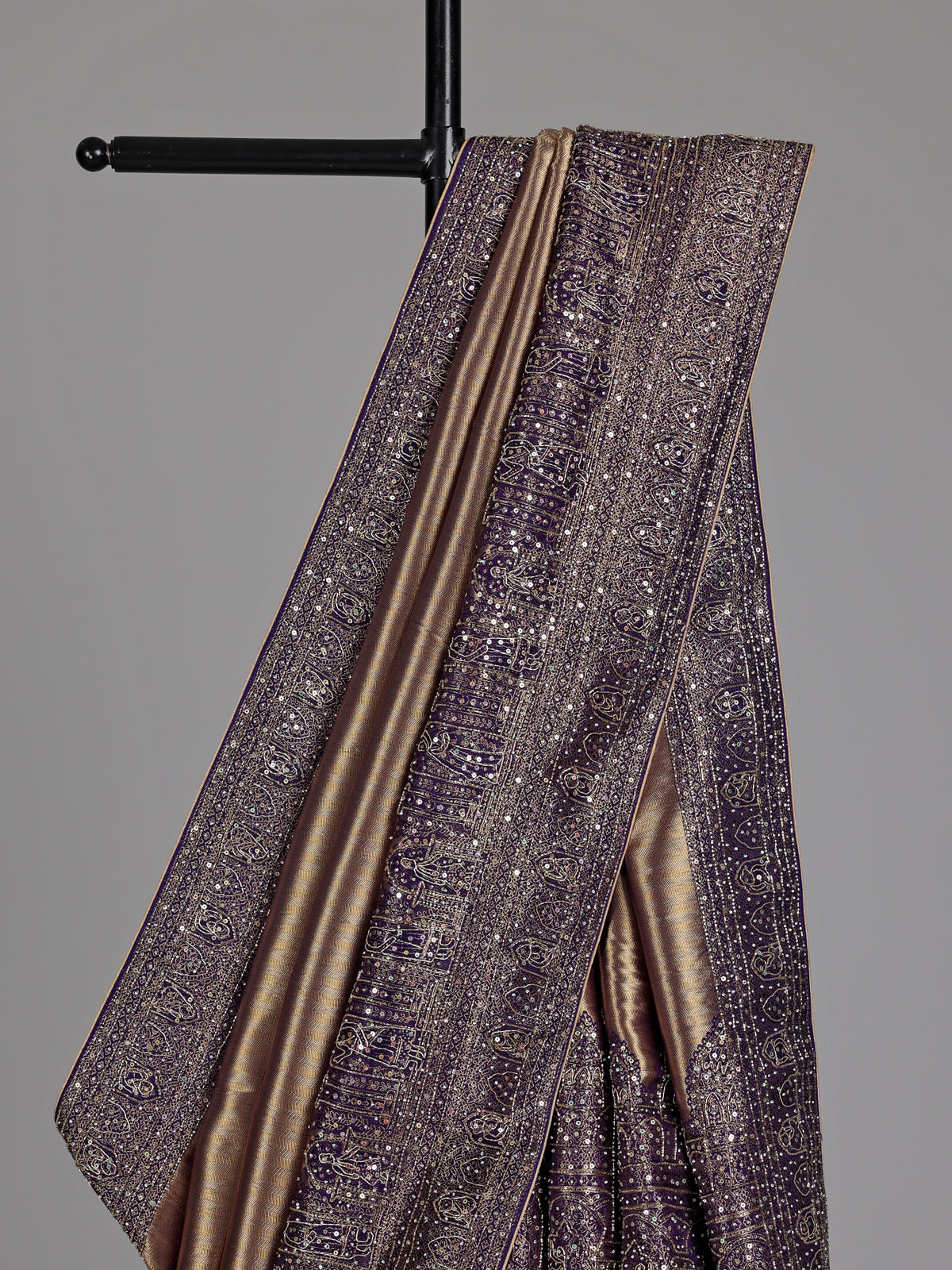Plum wine champagne ziraf tissue silk embellished saree