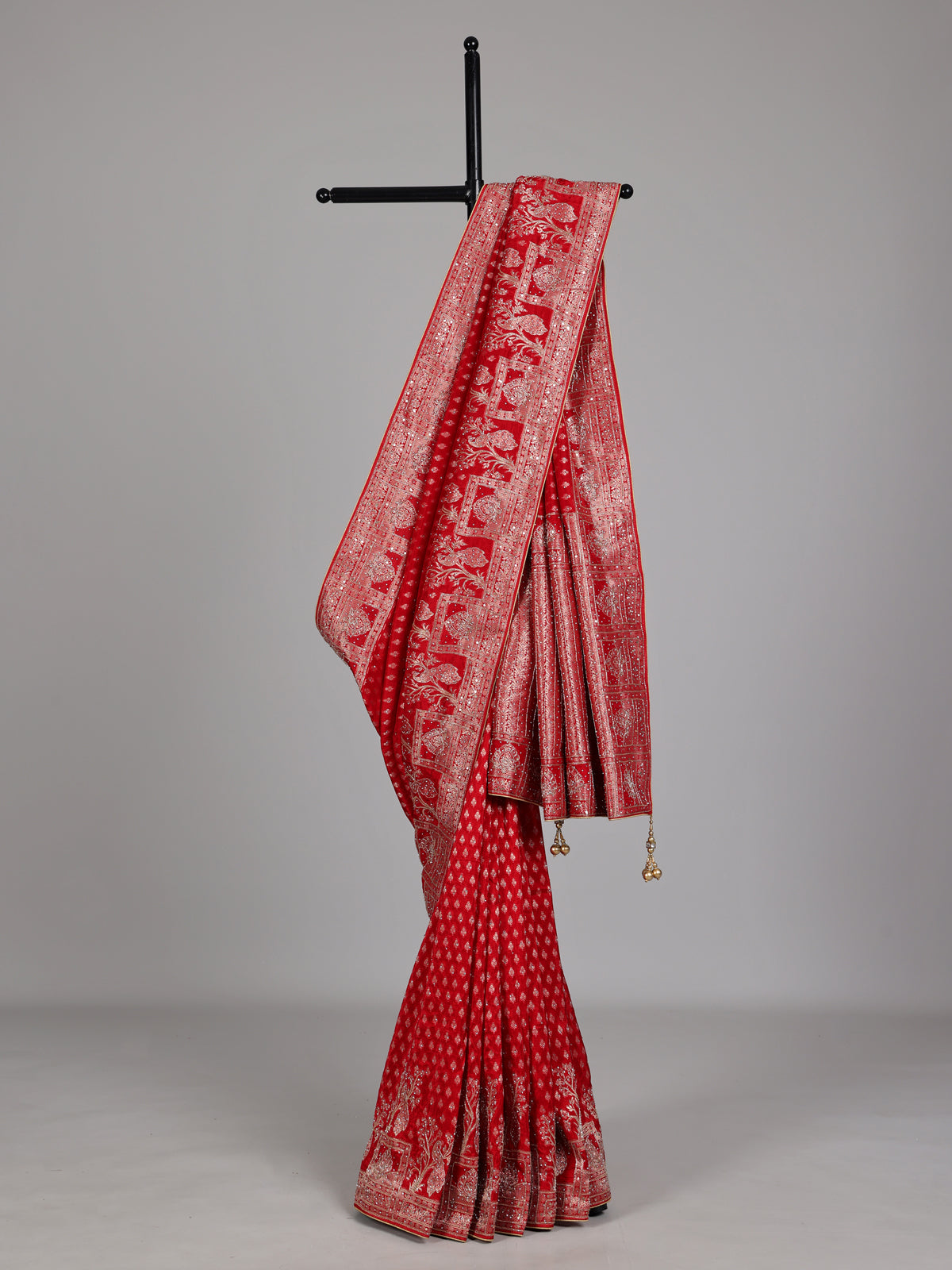 Crimson red shikargah dola silk saree