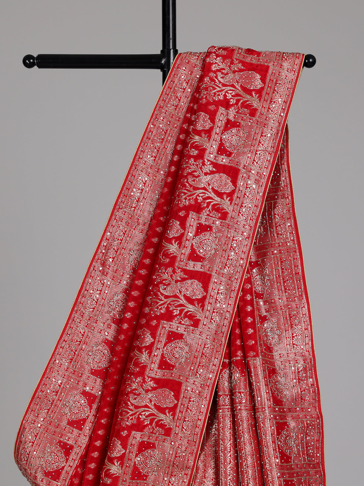 Crimson red shikargah dola silk saree