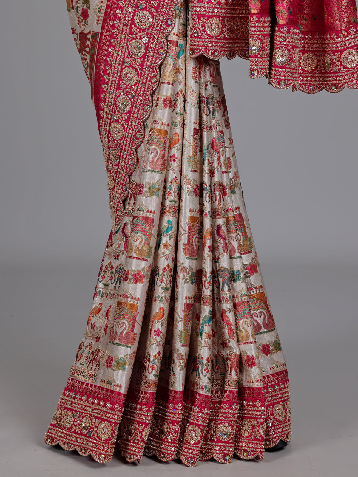 Ivory berry pink pichwai modal silk saree