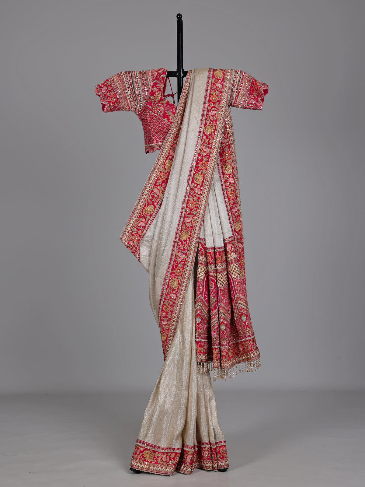 Champagne cream tissue silk saree with readymade blouse