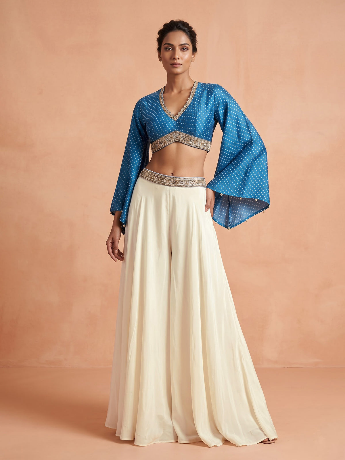 Blue printed crepe silk palazzo suit with cutdana detailing