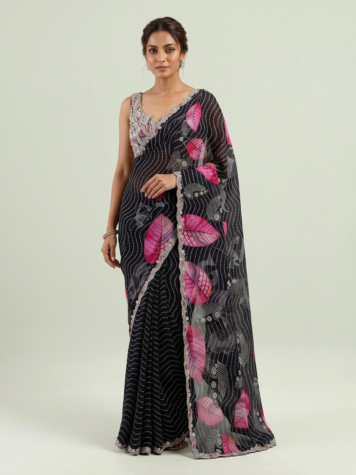Jet black printed crepe saree with readymade blouse