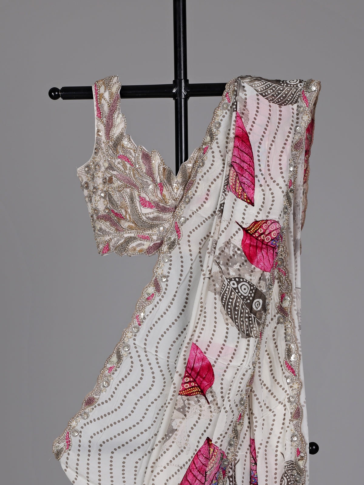 Off-white printed crepe saree with readymade blouse