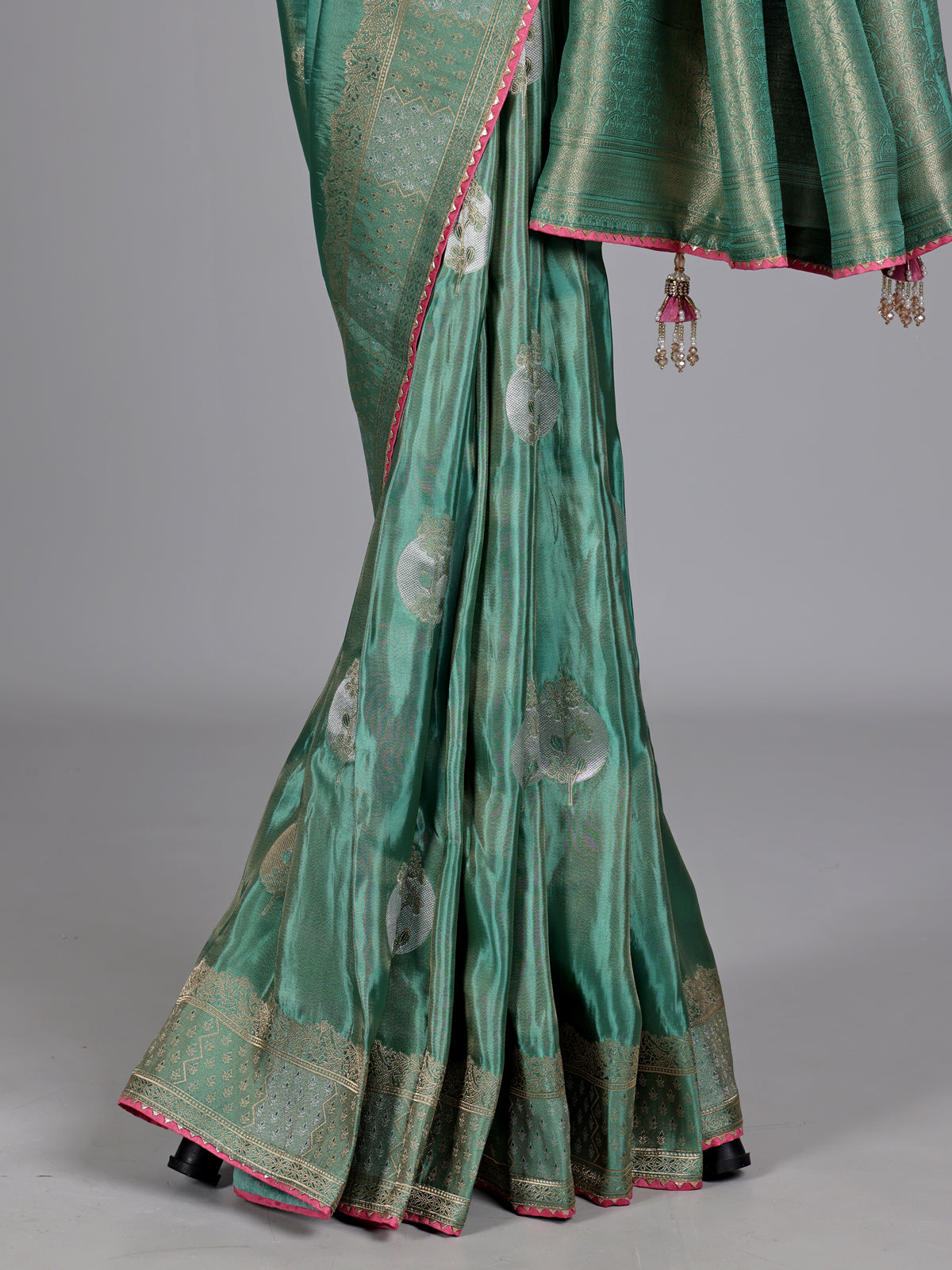 Rama green zari tissue-silk saree with readymade blouse