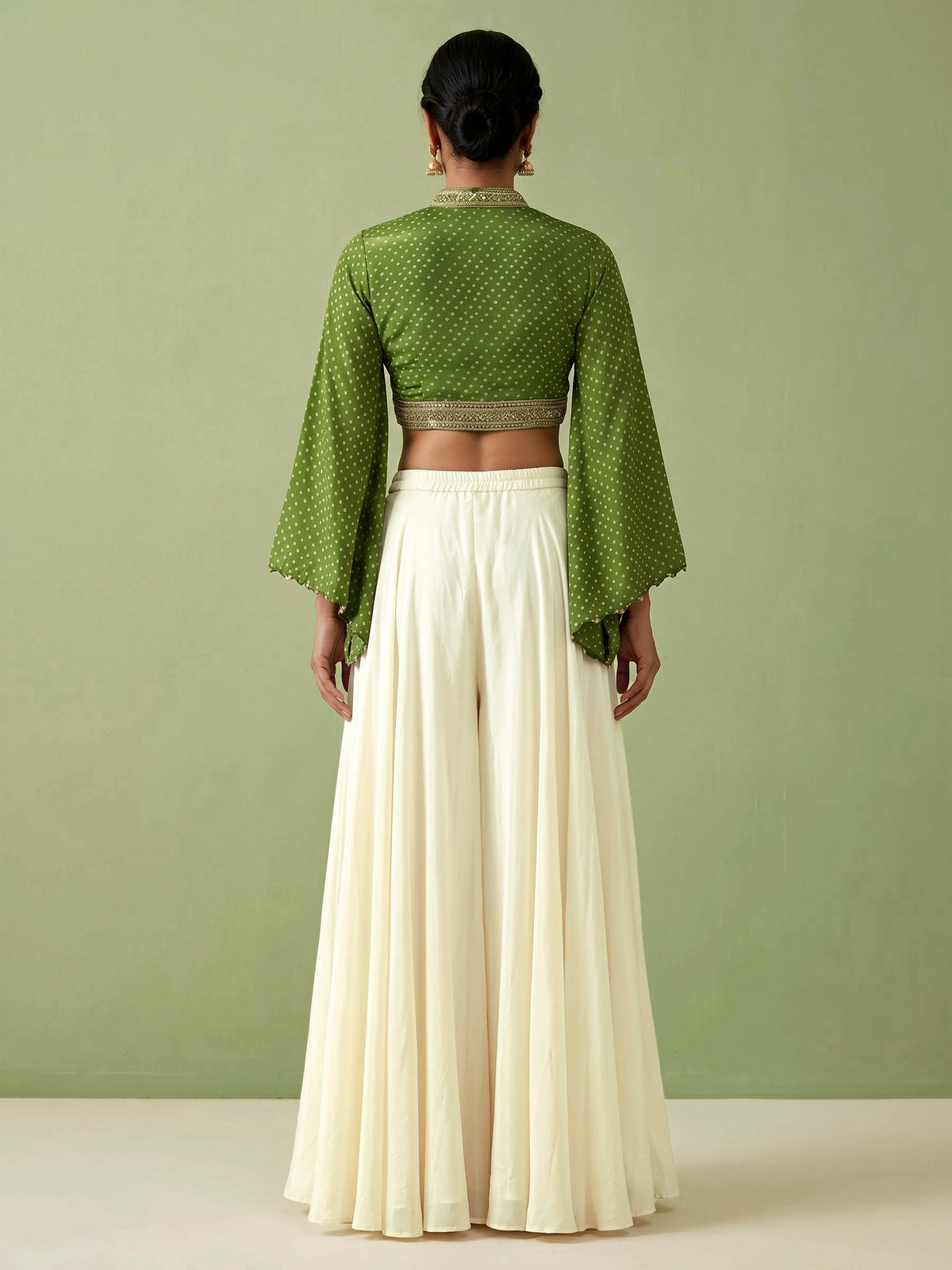 Green printed crepe silk palazzo suit with sequined detailing