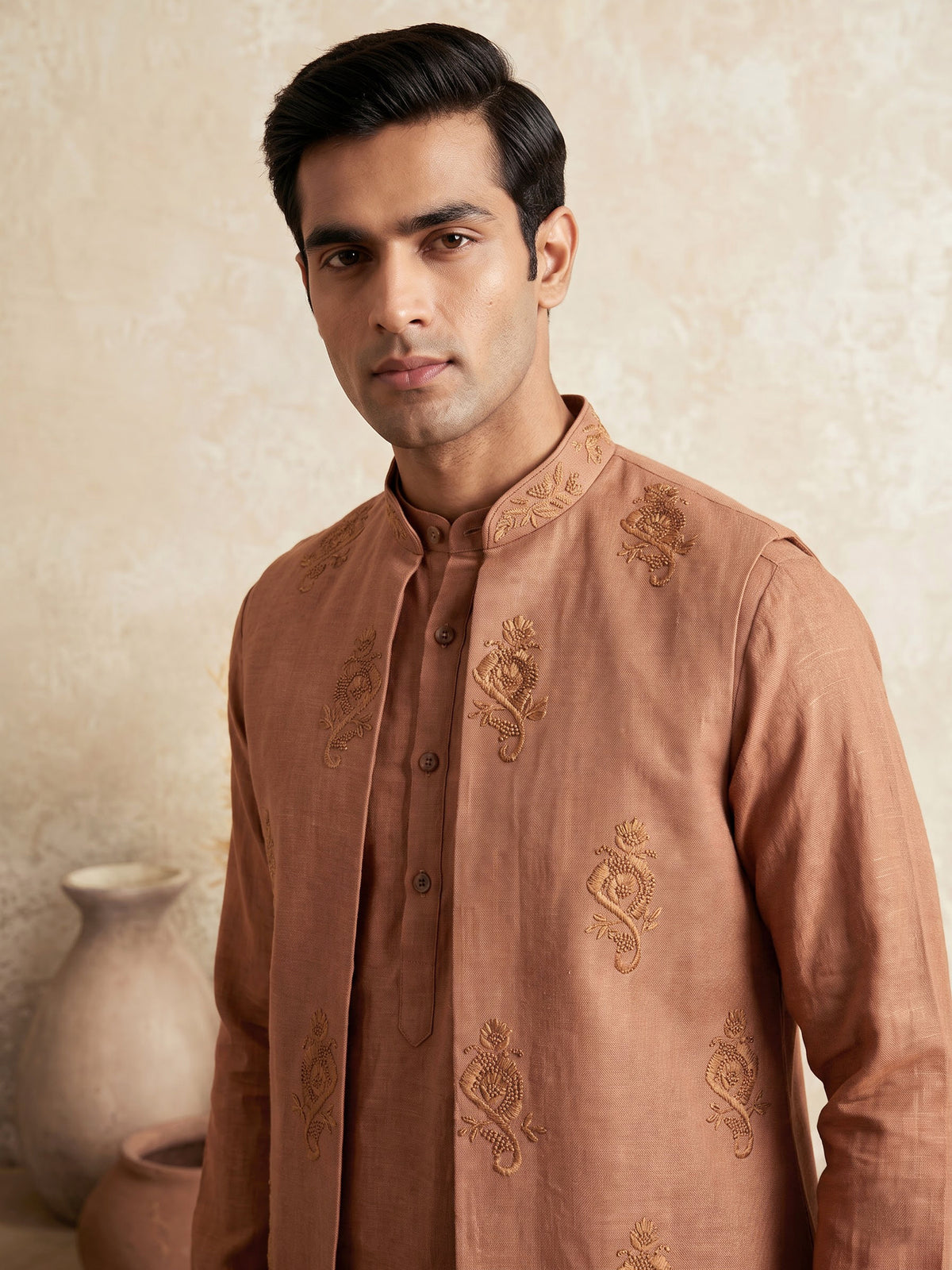 Deep peach floral thread waistcoat set for mens