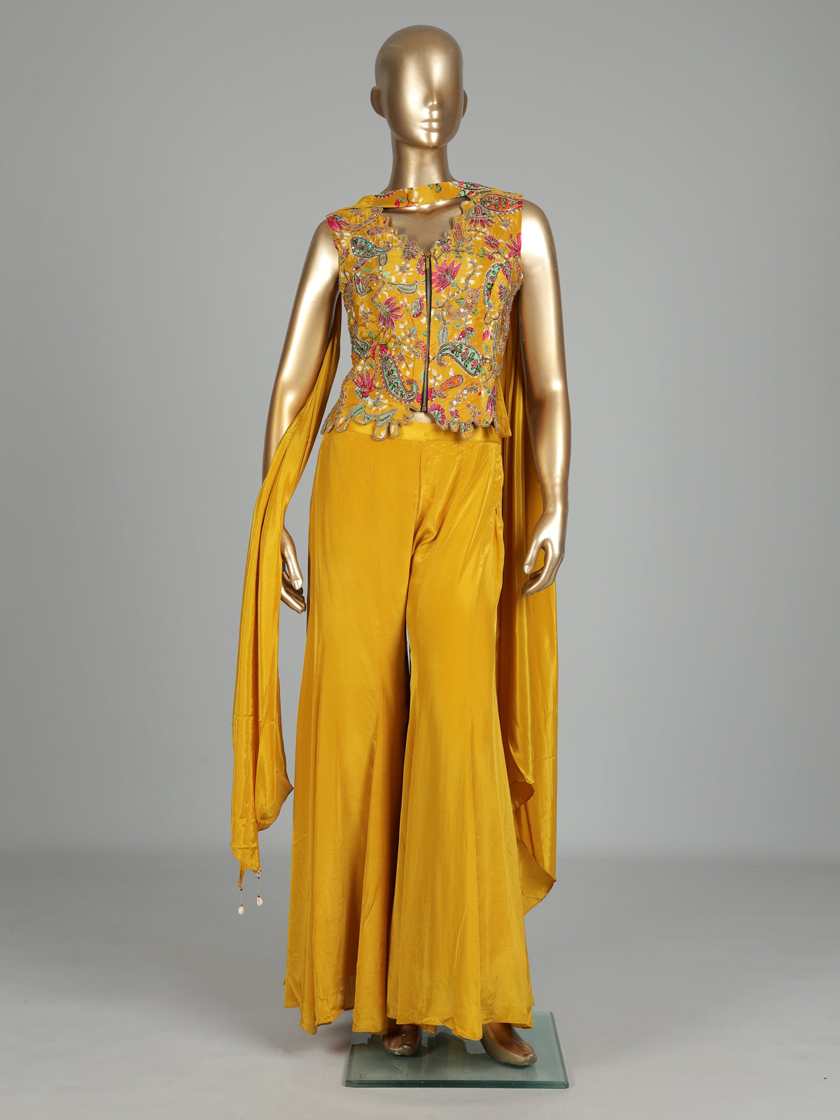 Yellow printed crepe silk palazzo suit with embellished dupatta