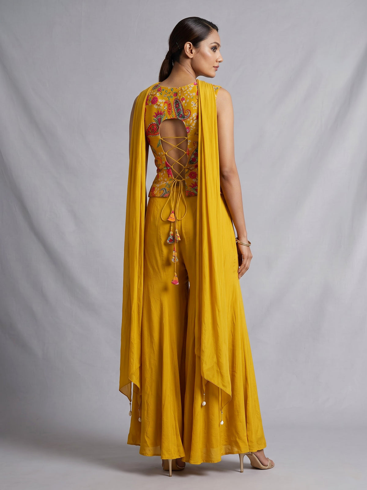 Yellow printed crepe silk palazzo suit with embellished dupatta
